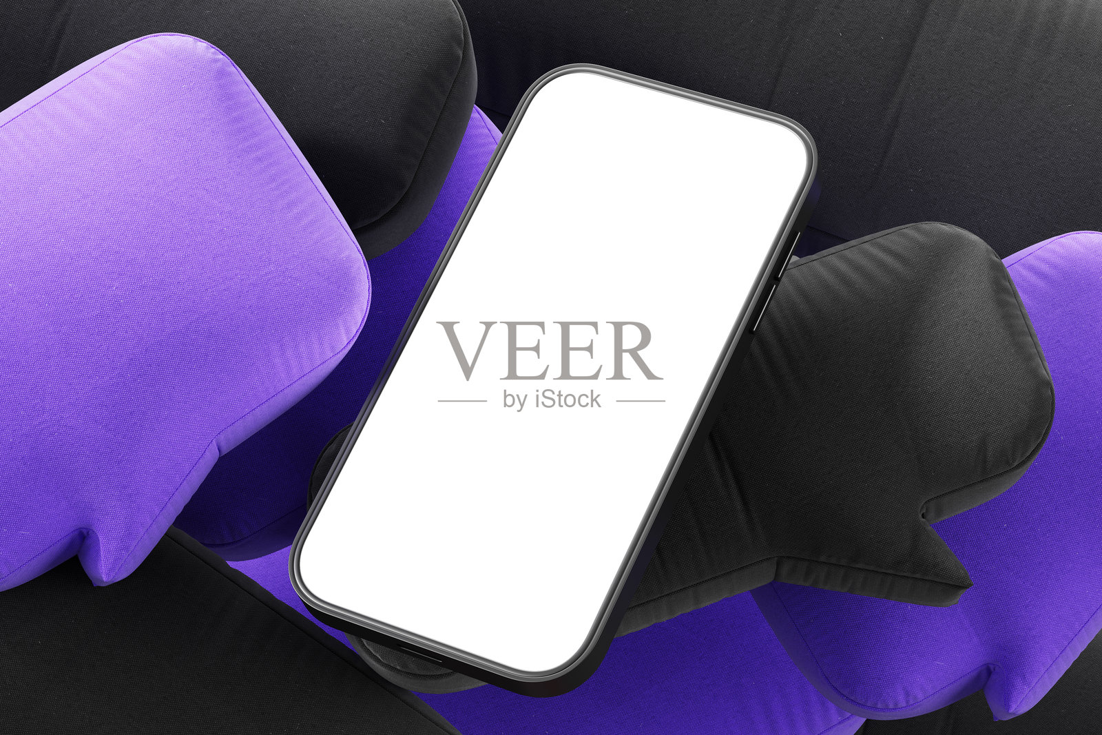 紫色和深色靠垫背景上的空白白屏智能手机，作为展示内容或设计展示的模型。3D渲染。照片摄影图片