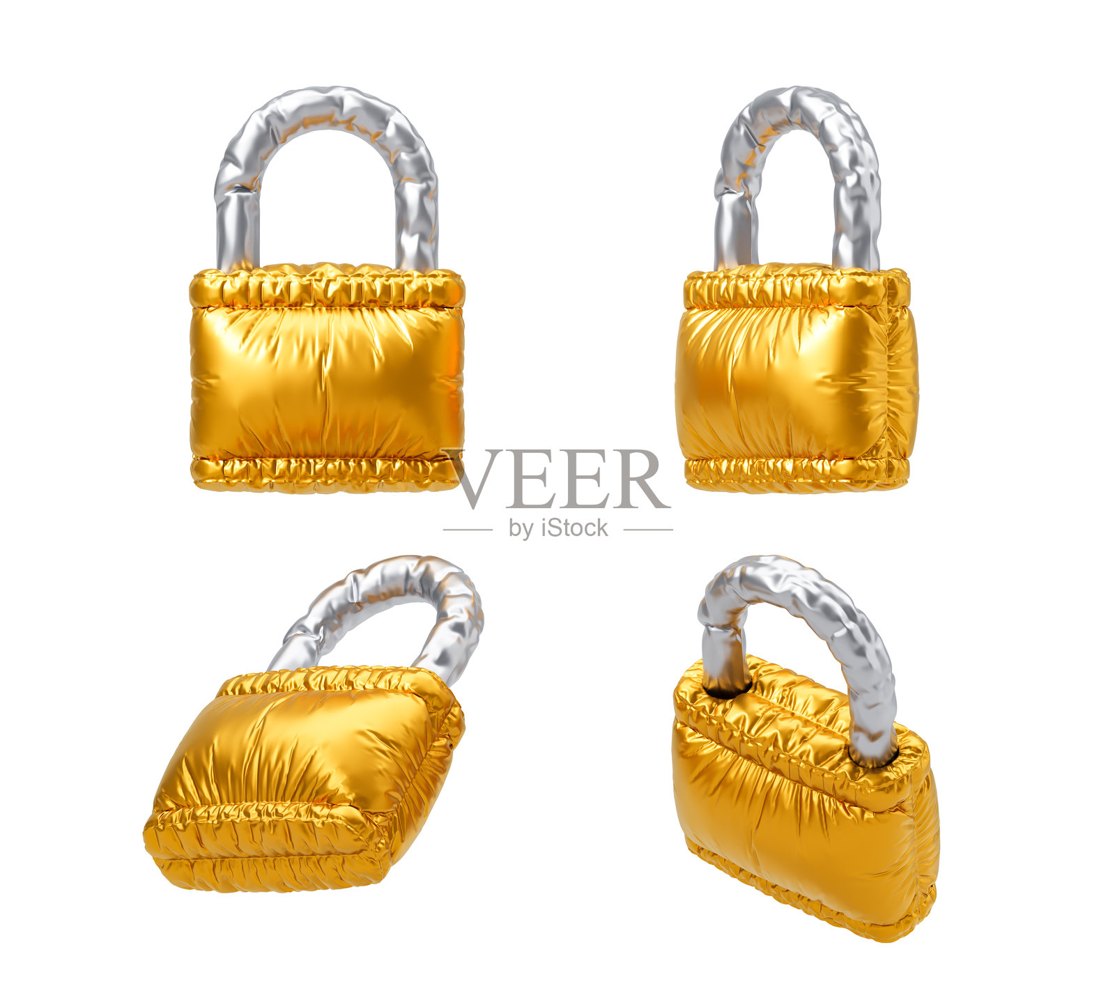 金色和银色金属质感的毛绒挂锁，从四个不同角度展示。3D渲染。照片摄影图片