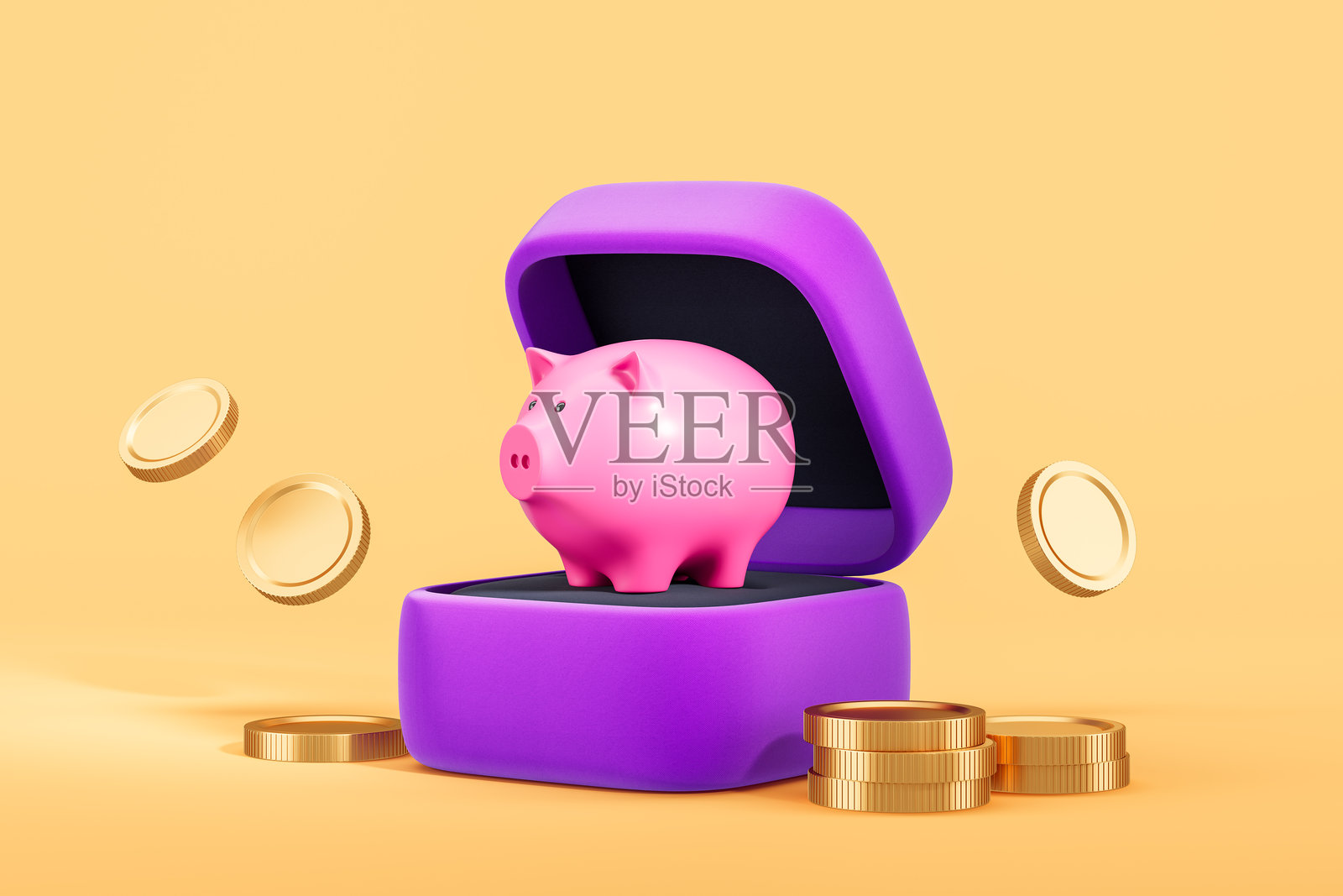 紫色盒子里的储蓄罐与黄色背景上的硬币。3D渲染照片摄影图片