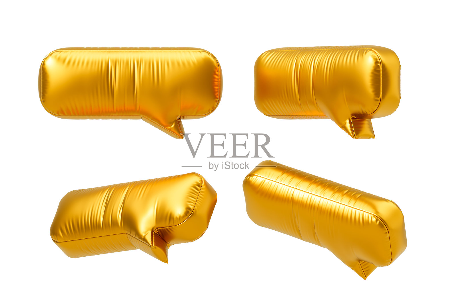 金色气球形状的对话框在白色背景下呈现不同角度。3D渲染照片摄影图片
