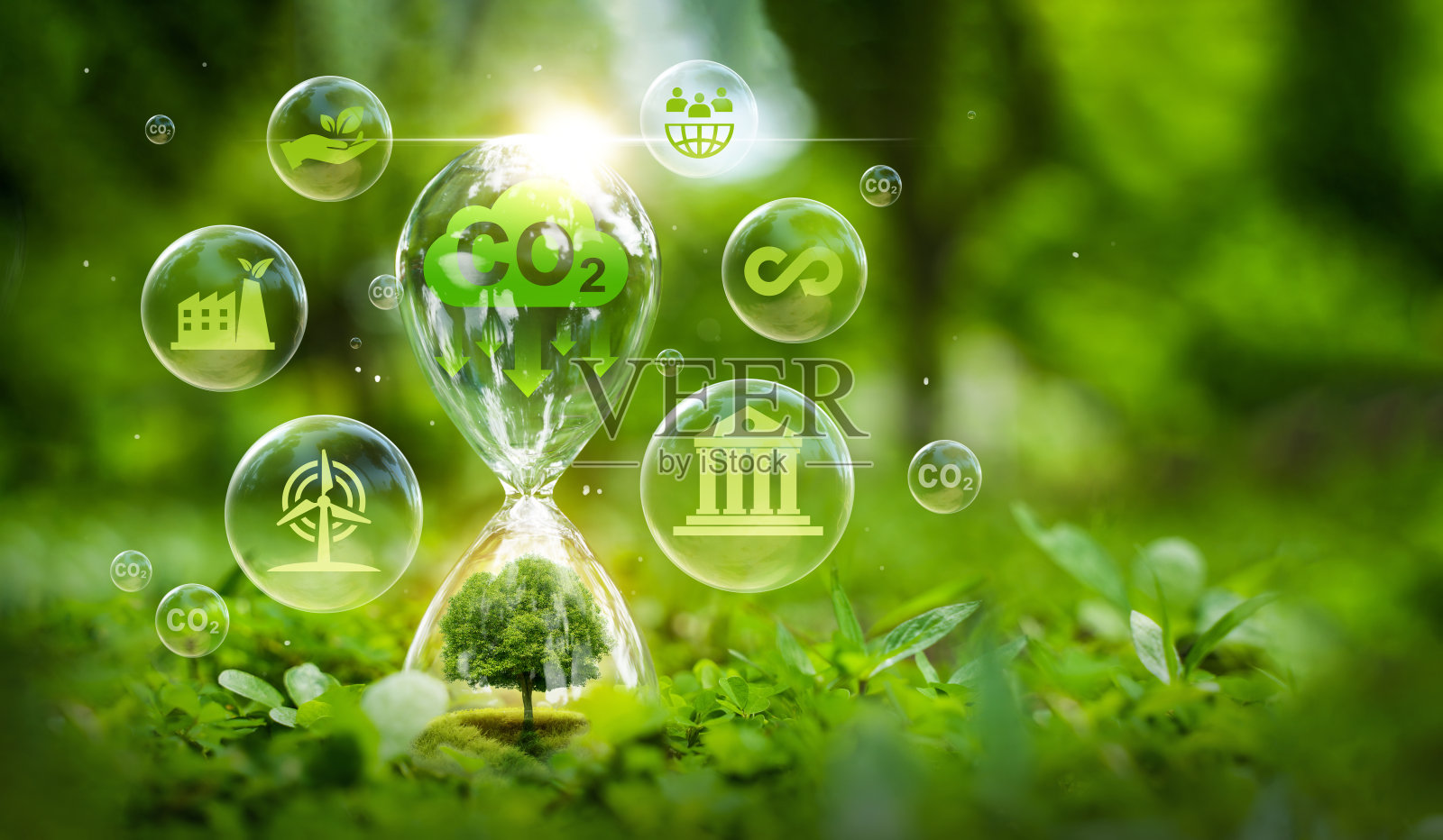 二氧化碳减排符号，气候变化限制全球变暖、可持续发展、绿色商业以及ESG、二氧化碳和净零的图标。照片摄影图片