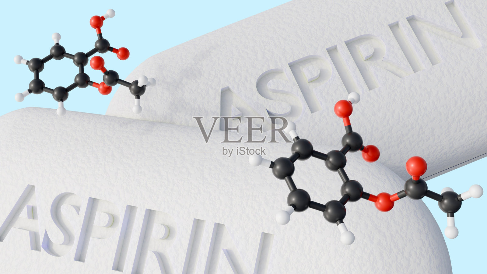 阿司匹林药物与漂浮的乙酰水杨酸分子照片摄影图片
