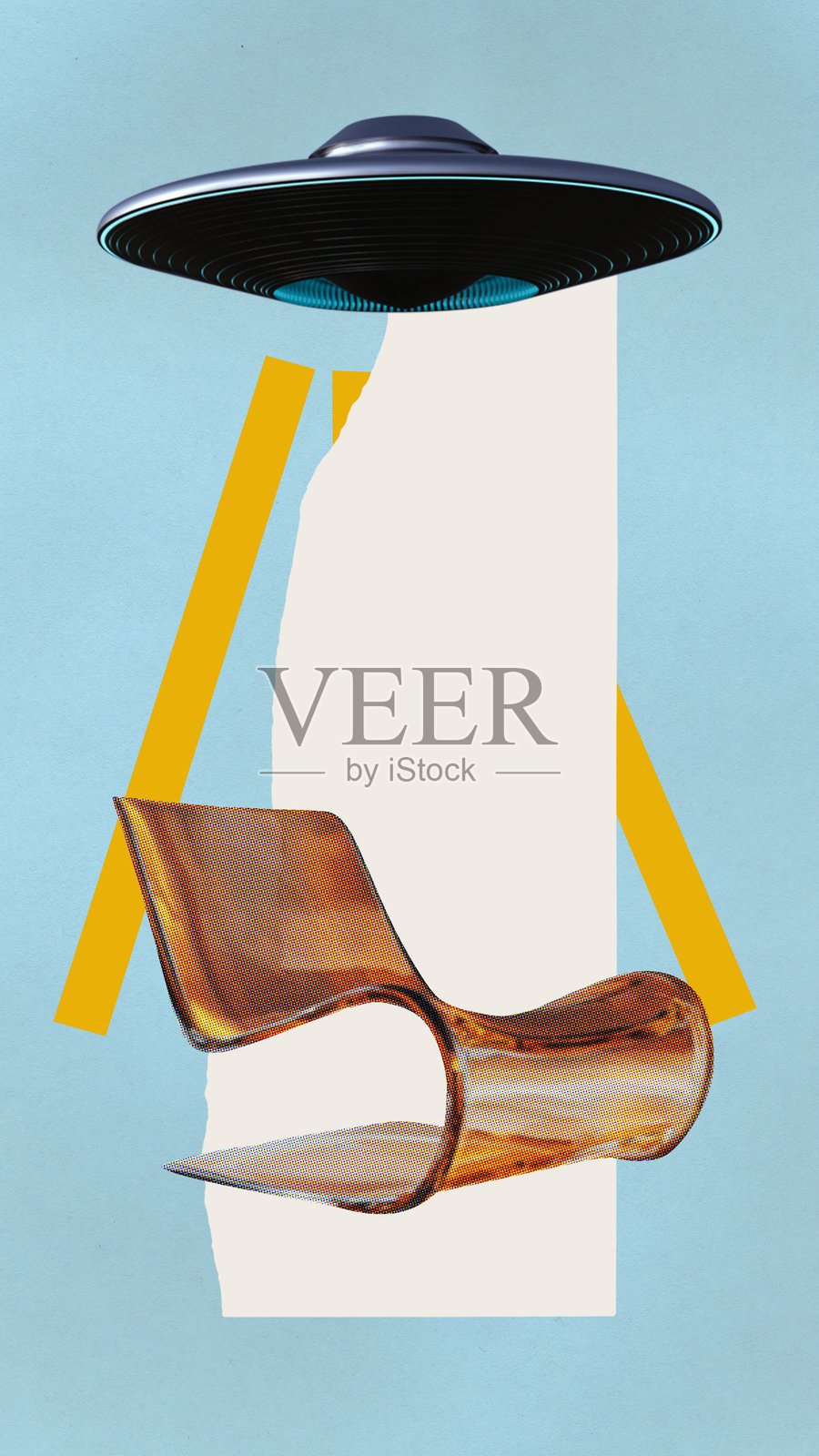 艺术构图，包含飞碟形状的灯、抽象的橙色椅子，以及带有大胆黄色点缀的蓝色背景。现代艺术拼贴。照片摄影图片