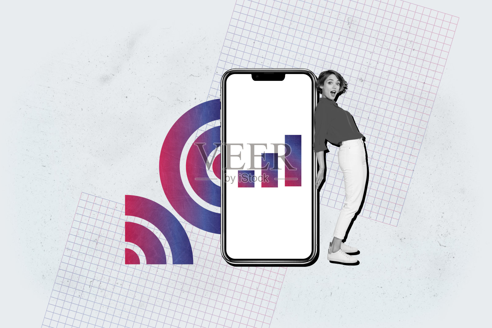 年轻女商人手持智能手机的财务分析应用拼贴，收入图表，背景为灰色。照片摄影图片