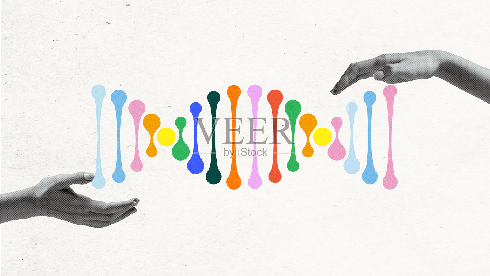 抽象的彩色DNA螺旋被两只手握住，象征着遗传学、生物学和医学研究的进步。概念艺术设计。照片摄影图片