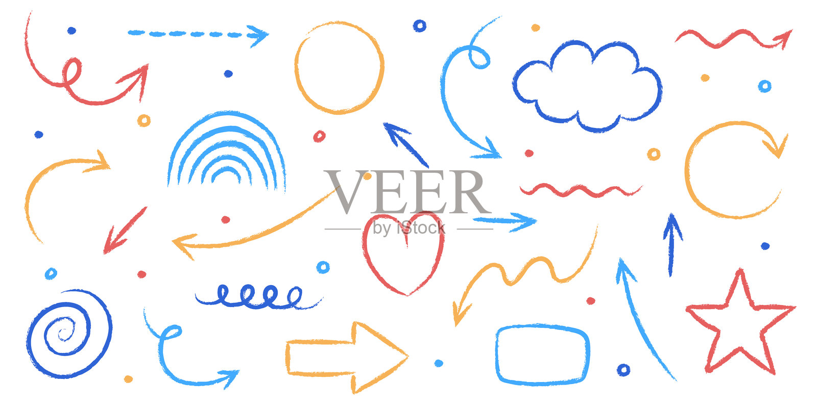 一组手绘的粗糙箭头、线条、方形、圆形和各种形状。抽象的铅笔、蜡笔和粉笔刷风格。涂鸦。矢量插图插画图片素材