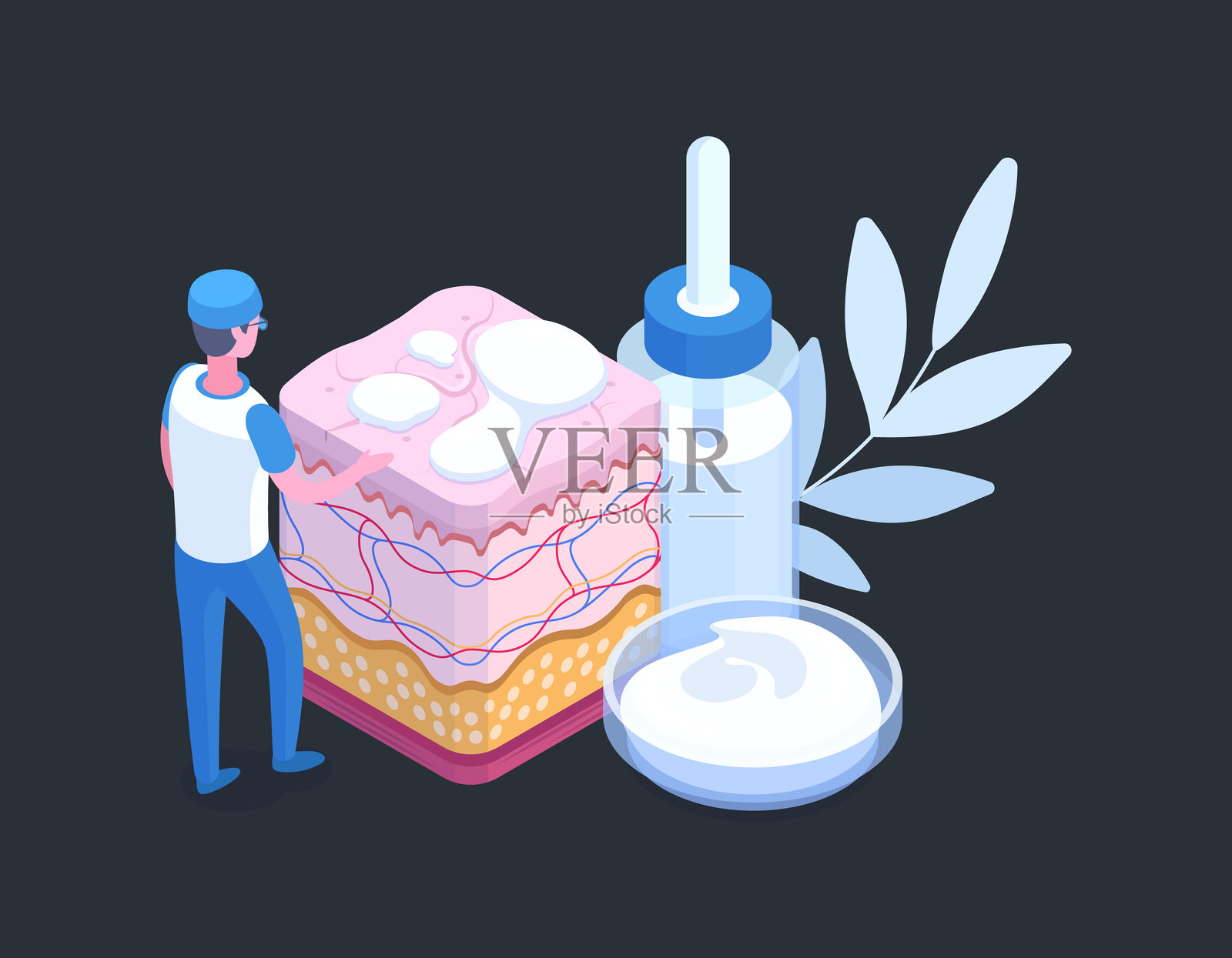 等距护肤。美容师，医疗工作者进行皮肤治疗程序，3D表皮治疗平面插图。美容护肤概念插画图片素材