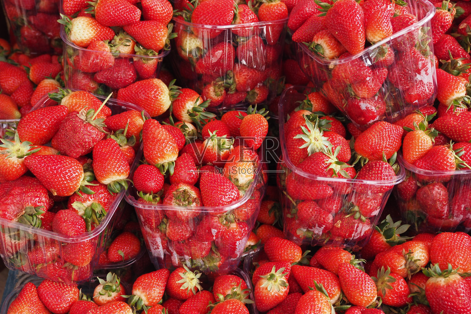 新鲜采摘的草莓装在草莓盒里照片摄影图片