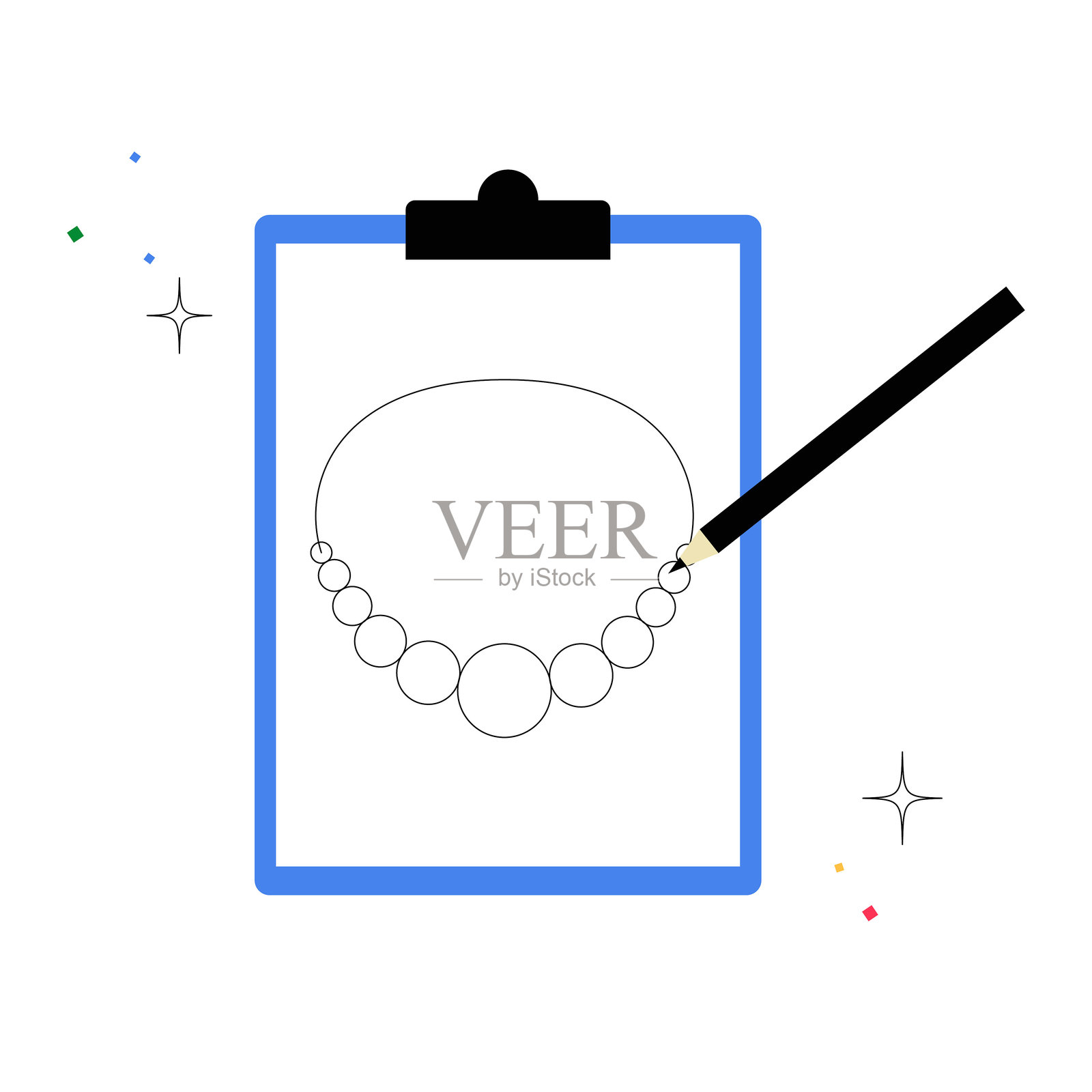 夹板上的项链设计草图与铅笔，扁平矢量插图，象征着珠宝创作和概念，背景为白色。插画图片素材