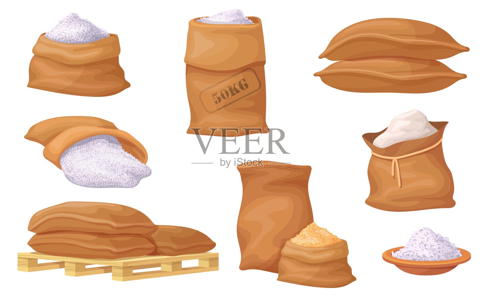 卡通米袋。小麦收获袋，成熟谷物在麻袋堆放在木托盘上，面粉储存燕麦作物种子袋，农业食品整齐的矢量插图。插画图片素材