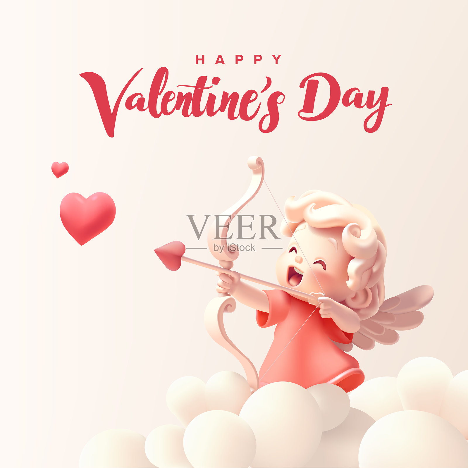 有趣的欢快横幅，向所有恋人致以问候。3D欢快的丘比特在云中向恋人射箭。矢量图。插画图片素材