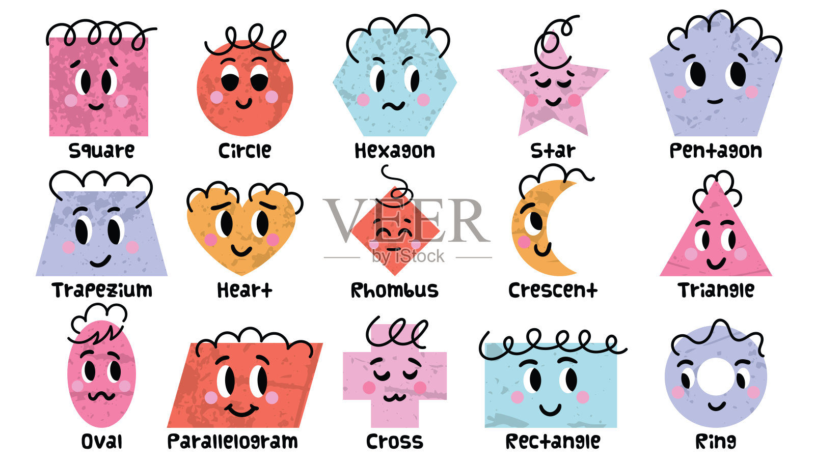 一组带有微笑表情的卡通基本几何形状。适合学龄前儿童的有趣形状教育材料。手绘时尚儿童图案，背景为白色。插画图片素材