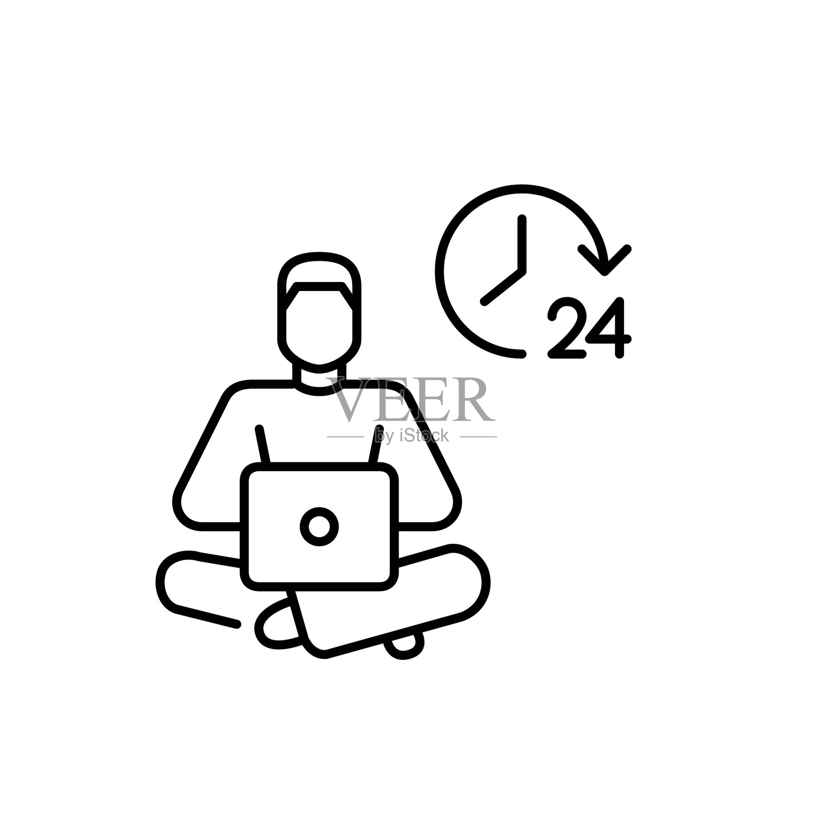 在笔记本电脑上远程工作的男性与24小时钟。持续的数字存在，自由职业机会。像素完美的矢量图标插画图片素材