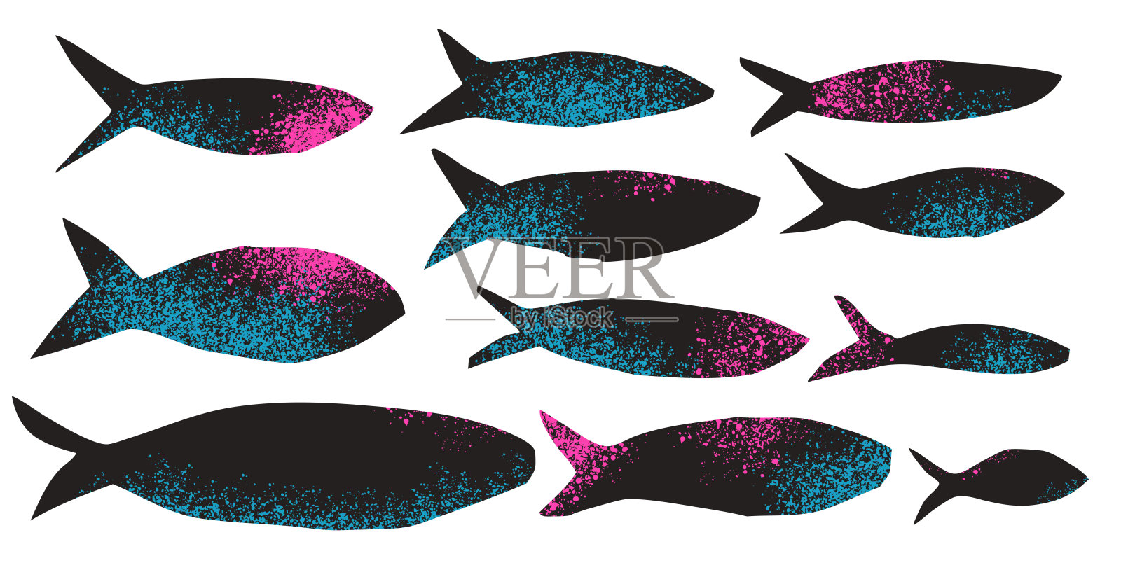 鱼纹理套装。沙丁鱼群系列。鲑鱼轮廓。海底动物。矢量手绘剪贴画元素插图，独立于白色背景。插画图片素材