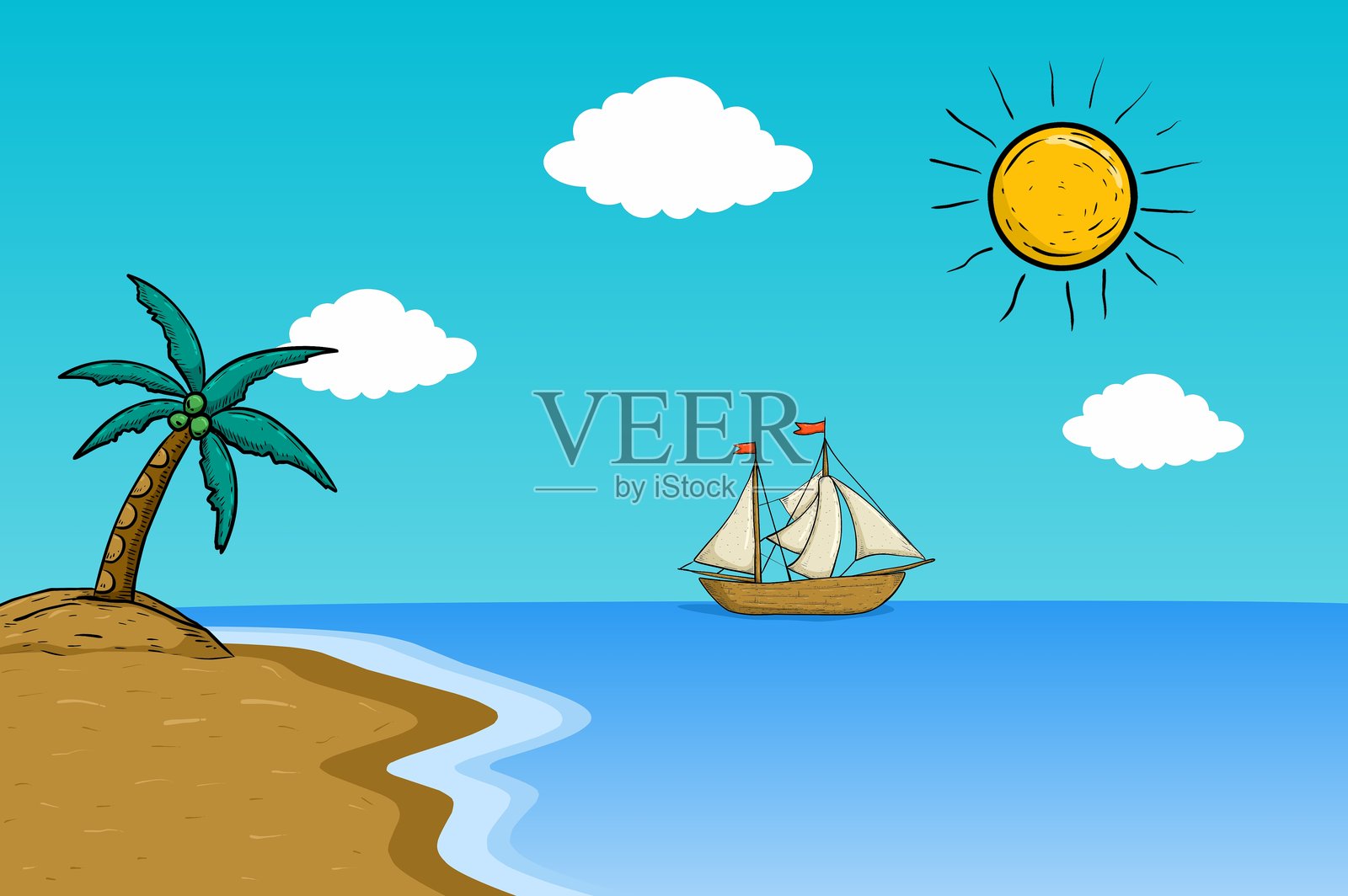 风景如画的海滩与树木插图插画图片素材