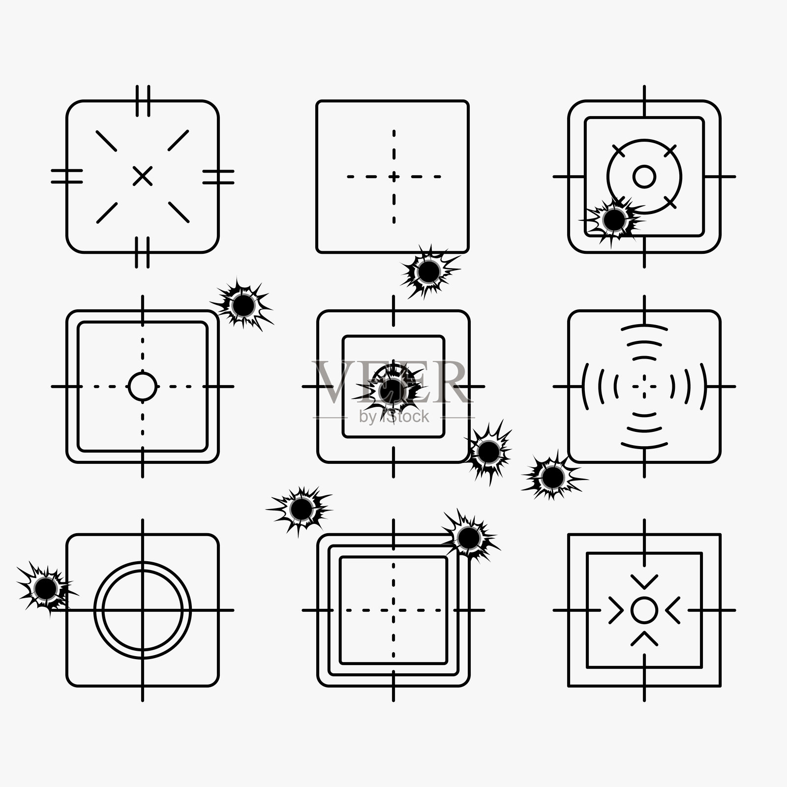 抽象的十字准线。带有弹孔的十字准线。军事步枪瞄准镜，射击标志。瞄准，瞄准目标。射箭，狩猎矢量。游戏用户界面元素。插画图片素材