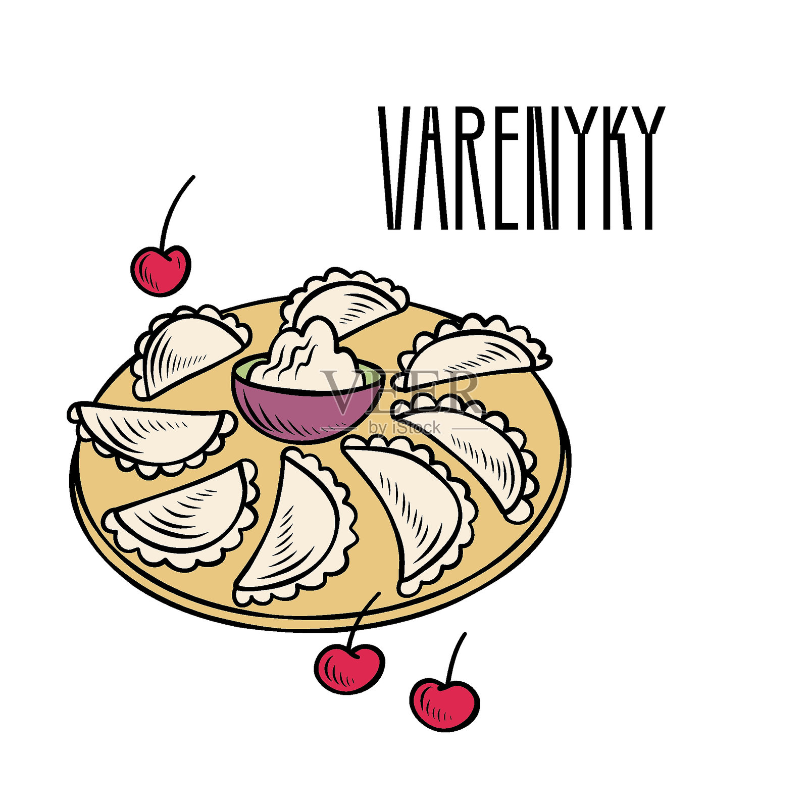 手绘的甜饺子或樱桃酸奶油饺子盘。乌克兰菜肴。适合用于食谱、菜单、包装、贴纸和广告。乌克兰美食。矢量线条图。插画图片素材