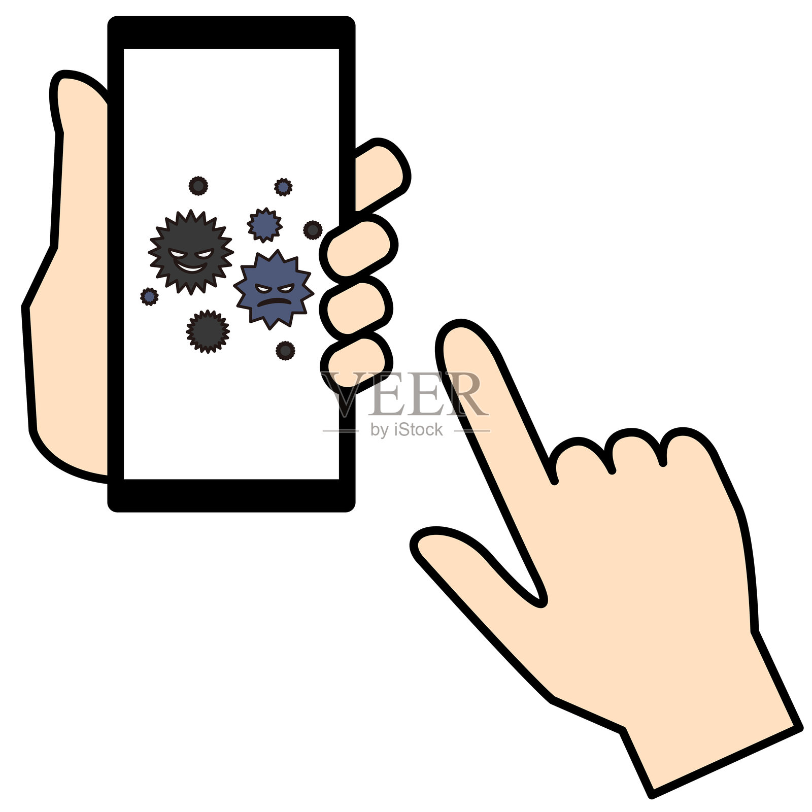 手握智能手机，屏幕上显示病毒图案插画图片素材