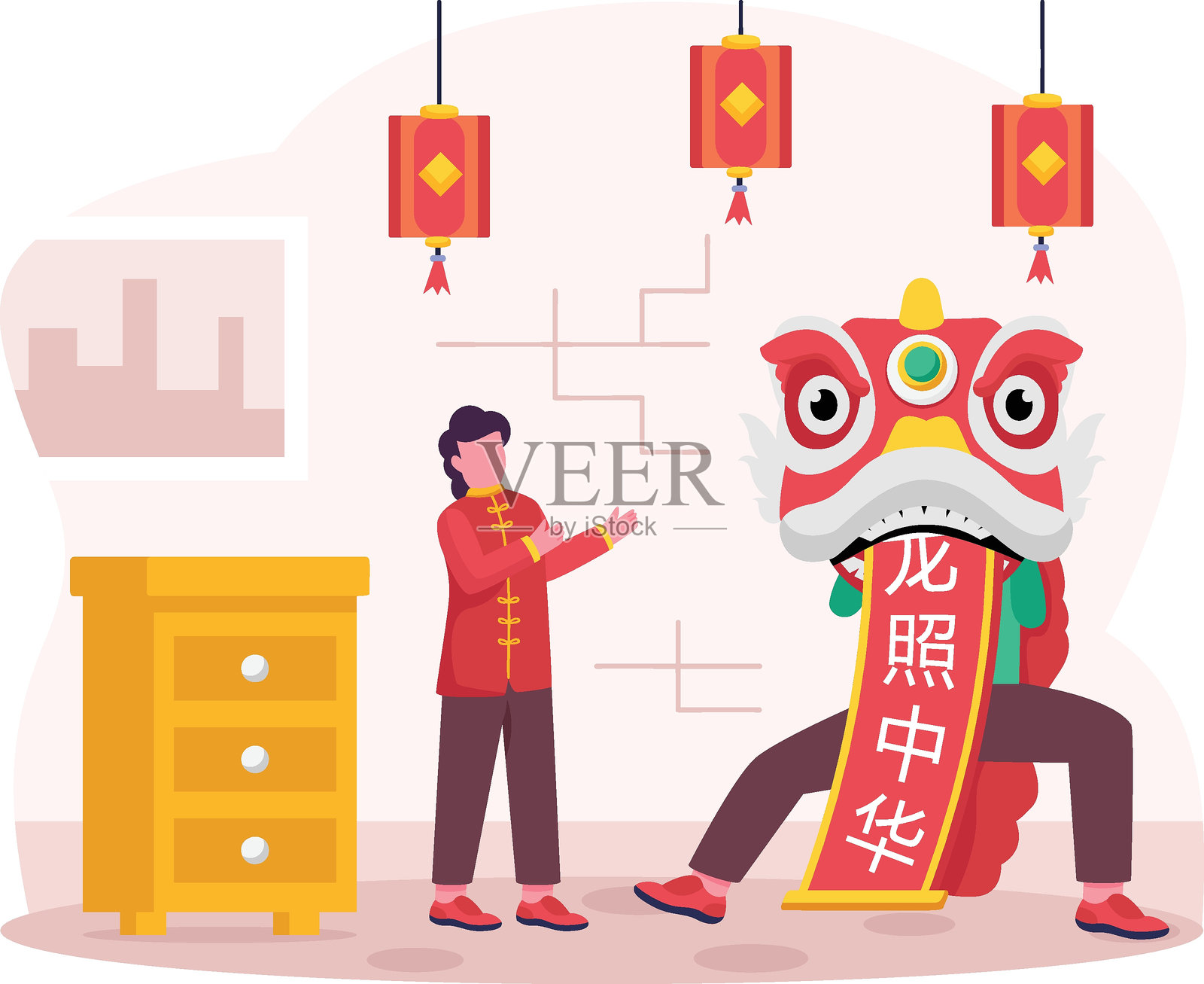 龙舞排练概念，舞蹈队员佩戴京剧面具的矢量设计，中国新年开端场景，2025年生肖木蛇横幅，中国春节插图插画图片素材