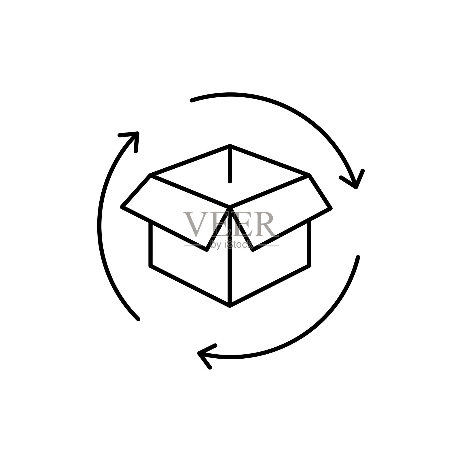 圆形箭头中的盒子。包装处理图标，线条风格，独立于白色背景。矢量插图。插画图片素材