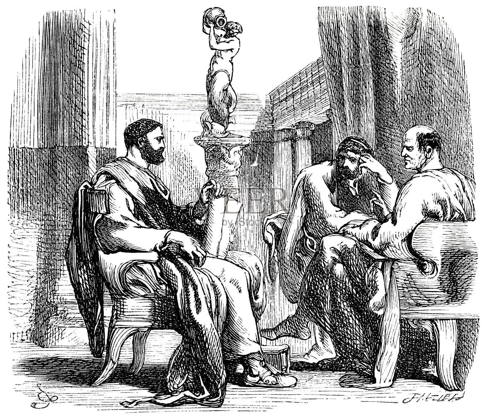 威廉·莎士比亚的剧作，马库斯·安东尼与克利奥帕特拉，三名男子在讨论插画图片素材