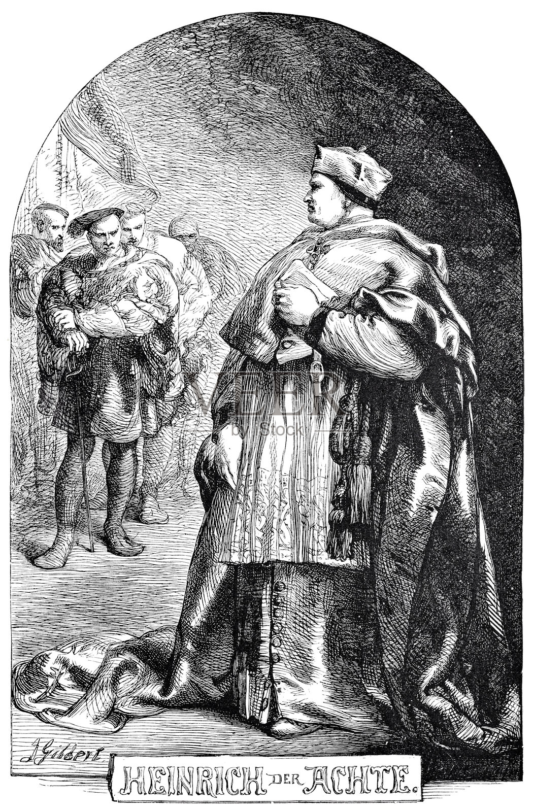 威廉·莎士比亚的戏剧《亨利八世》，沃尔西枢机与下属们插画图片素材