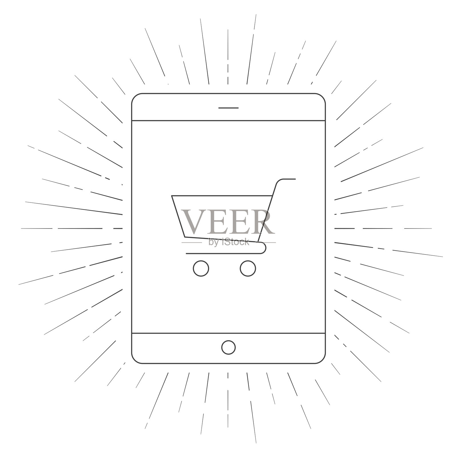 平板电脑在线购物。白色背景上的线条图标与光芒四射。插画图片素材