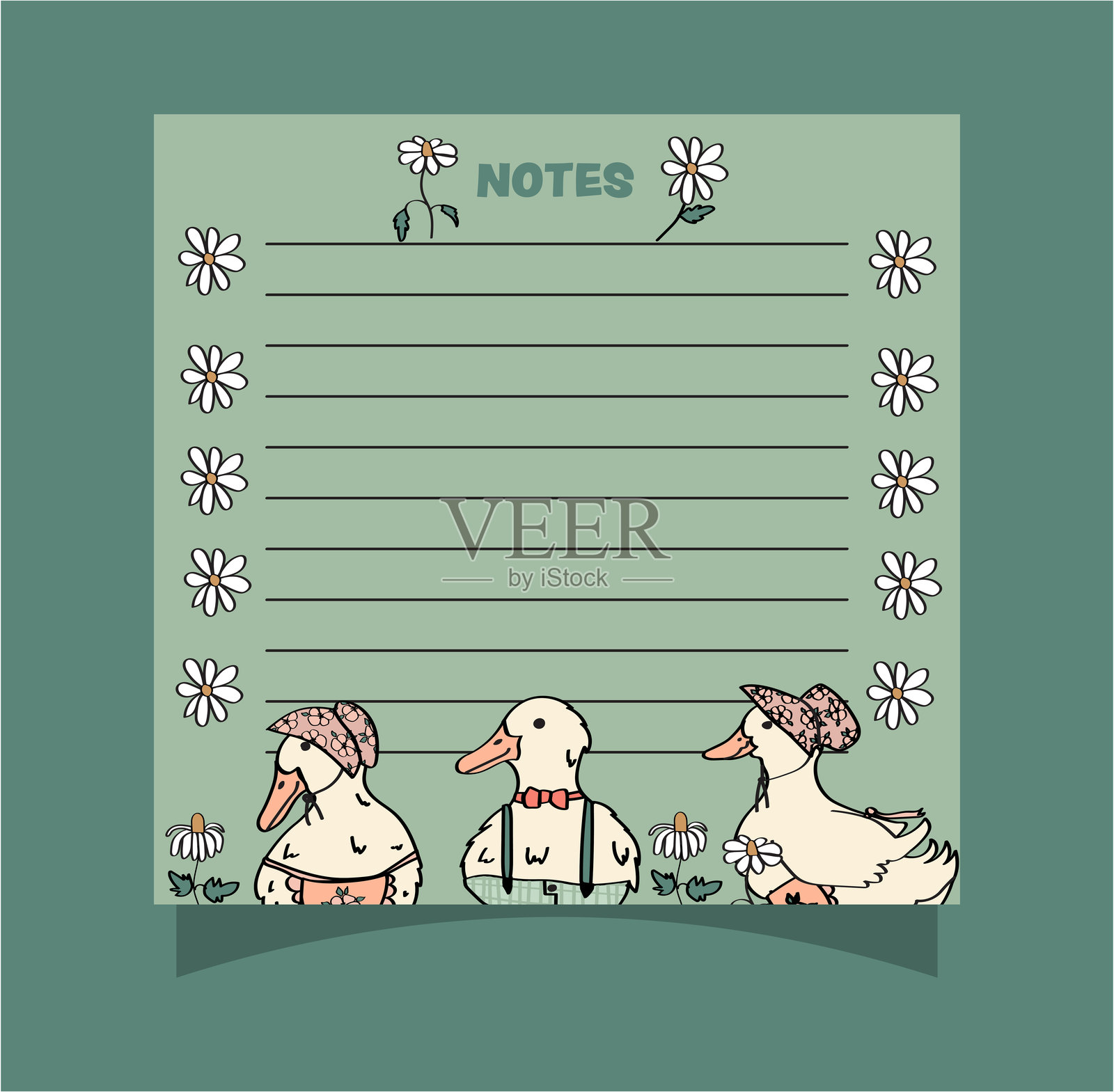 可爱的鸭子空白备忘录页面，用于日常和每周计划。备忘录便签本适合剪贴簿和日记记录。插画图片素材