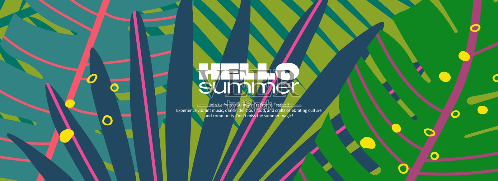 夏季背景与热带叶子。极简现代模板横幅，带有自然图案。矢量插图。插画图片素材