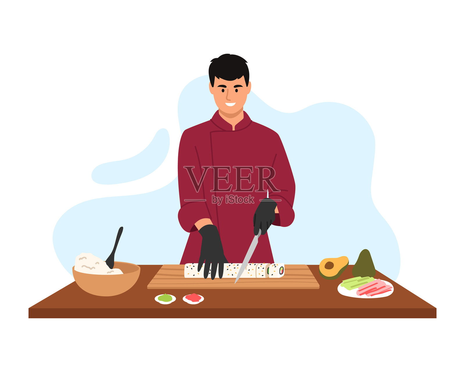 才华横溢的寿司艺术家的矢量插图。卡通场景中，寿司厨师穿着制服，戴着黑手套，站在桌子旁切割寿司，桌上有米饭、鳄梨、金枪鱼、生姜和芥末的碗。插画图片素材