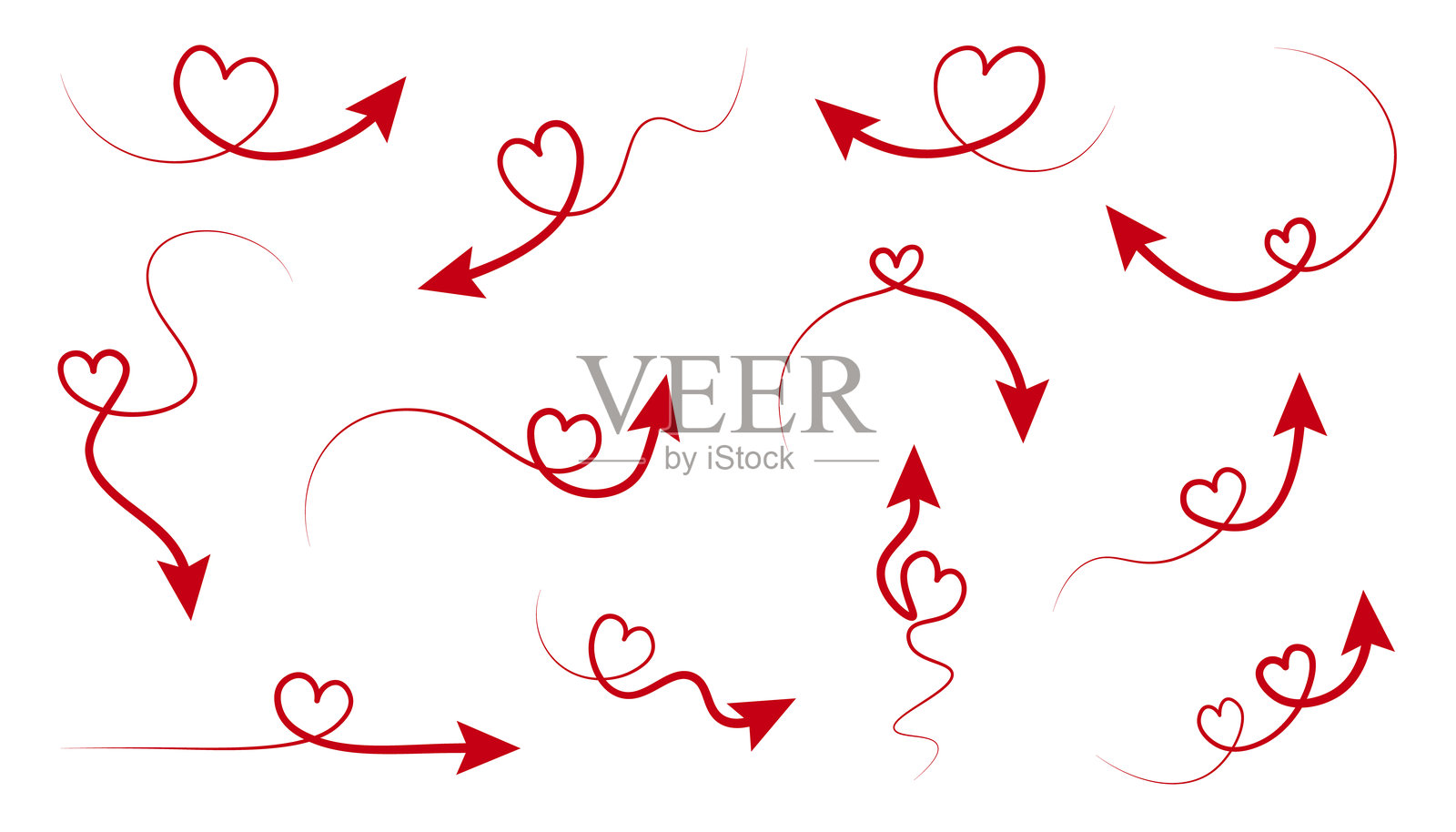 手绘红色箭头与心形的集合，透明背景。情人节专用。矢量插图插画图片素材