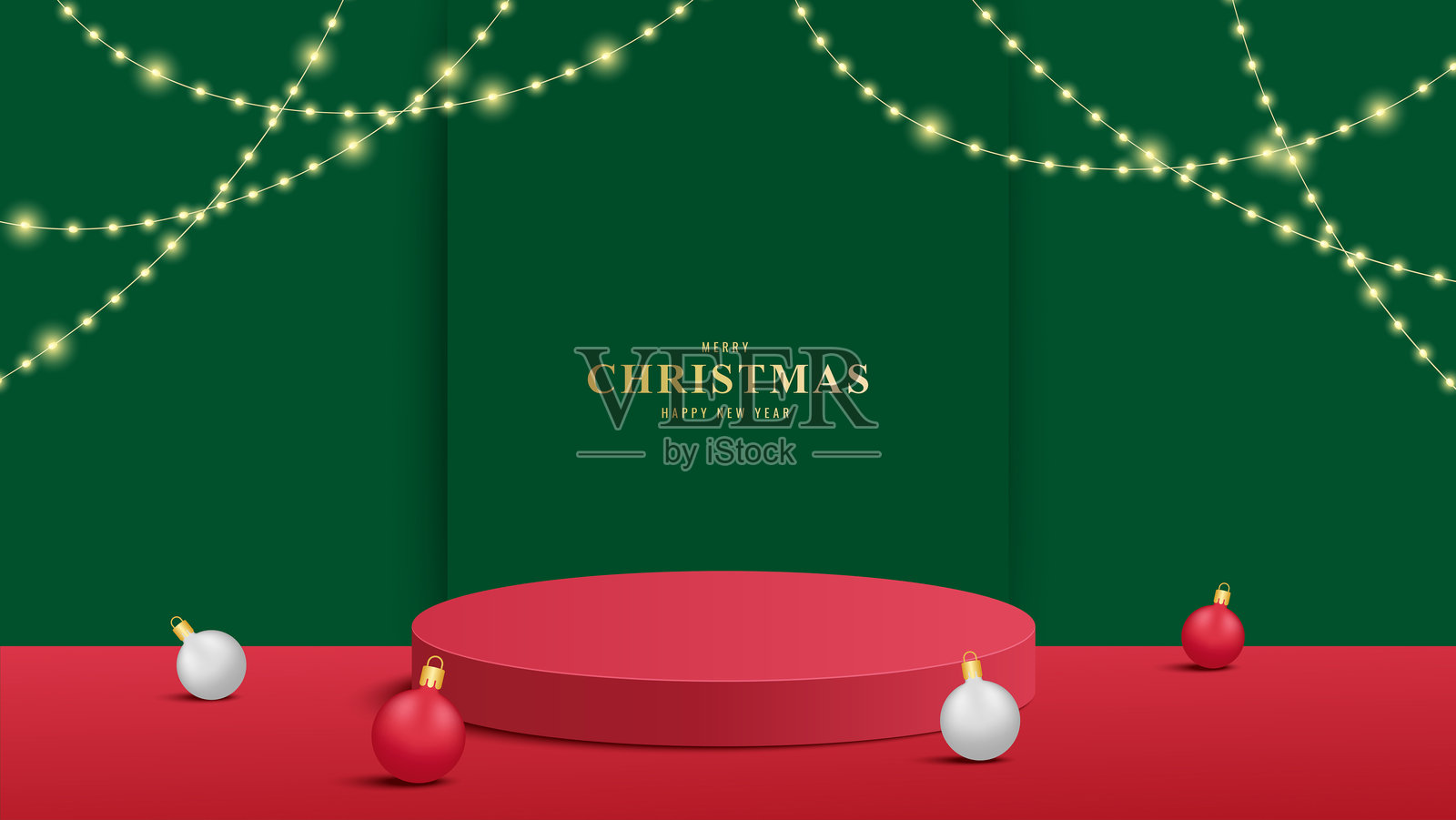 圣诞节讲台。红色产品展示讲台，圆形设计。讲台平台在绿色背景上展示产品。圣诞快乐背景。插画图片素材