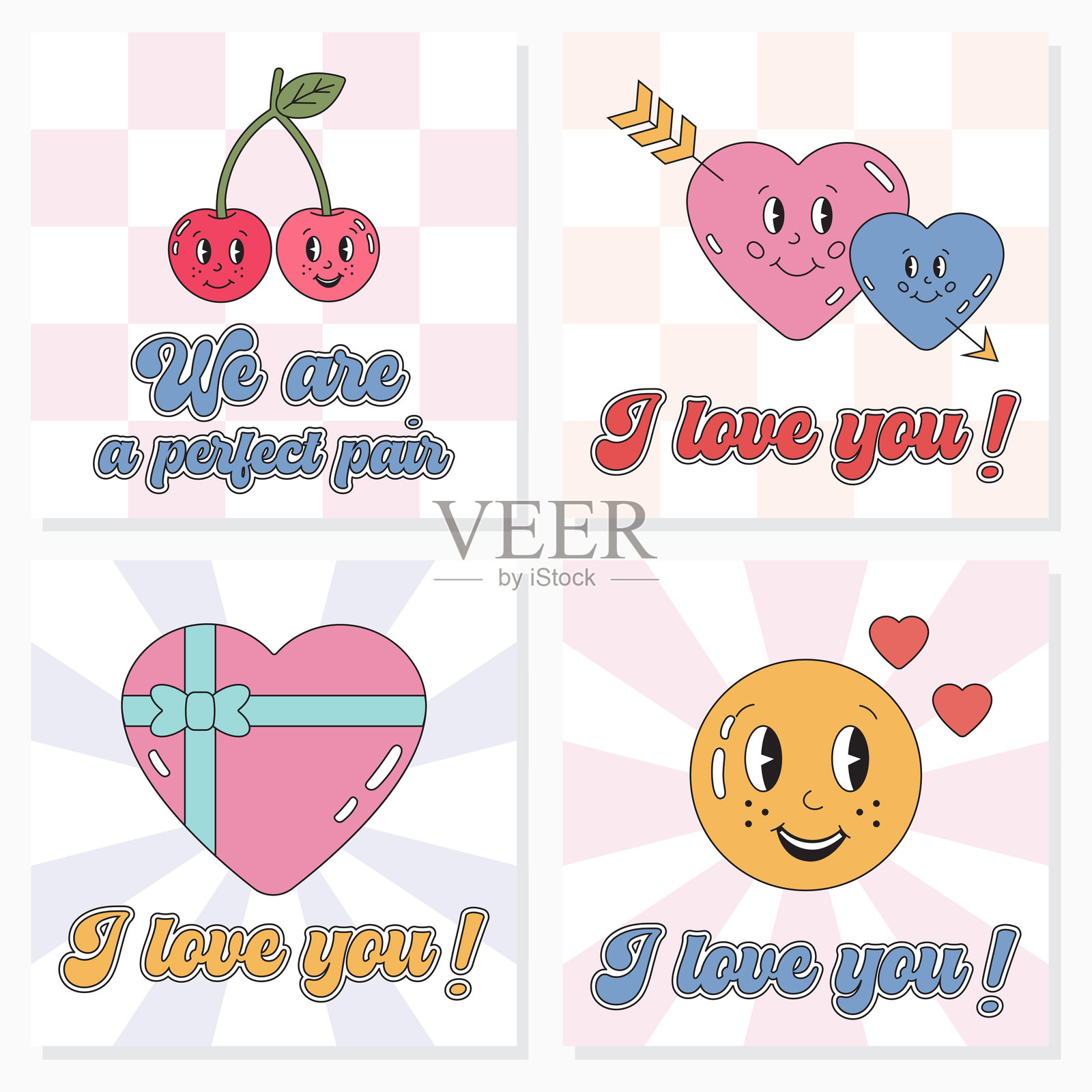 一套浪漫搞笑的复古风格卡片。做我的情人，做我的情人节，爱你。矢量嬉皮士爱情。卡通情人节2月14日系列。复古浪漫情人节印刷品系列。插画图片素材