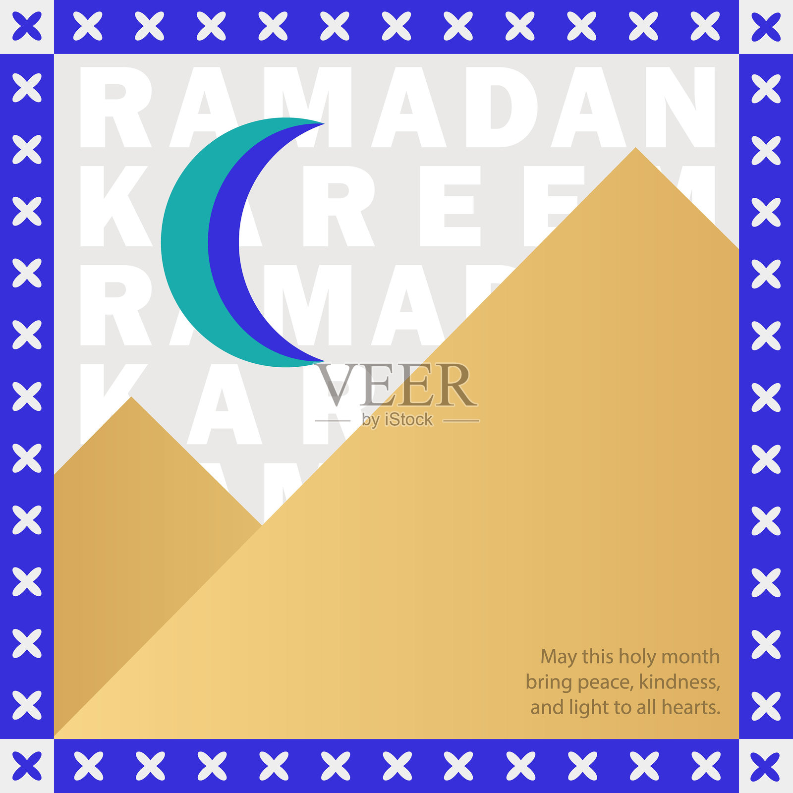 带有新月、沙丘和重复的“拉马丹快乐”文字及边框的穆斯林几何卡片。插画图片素材