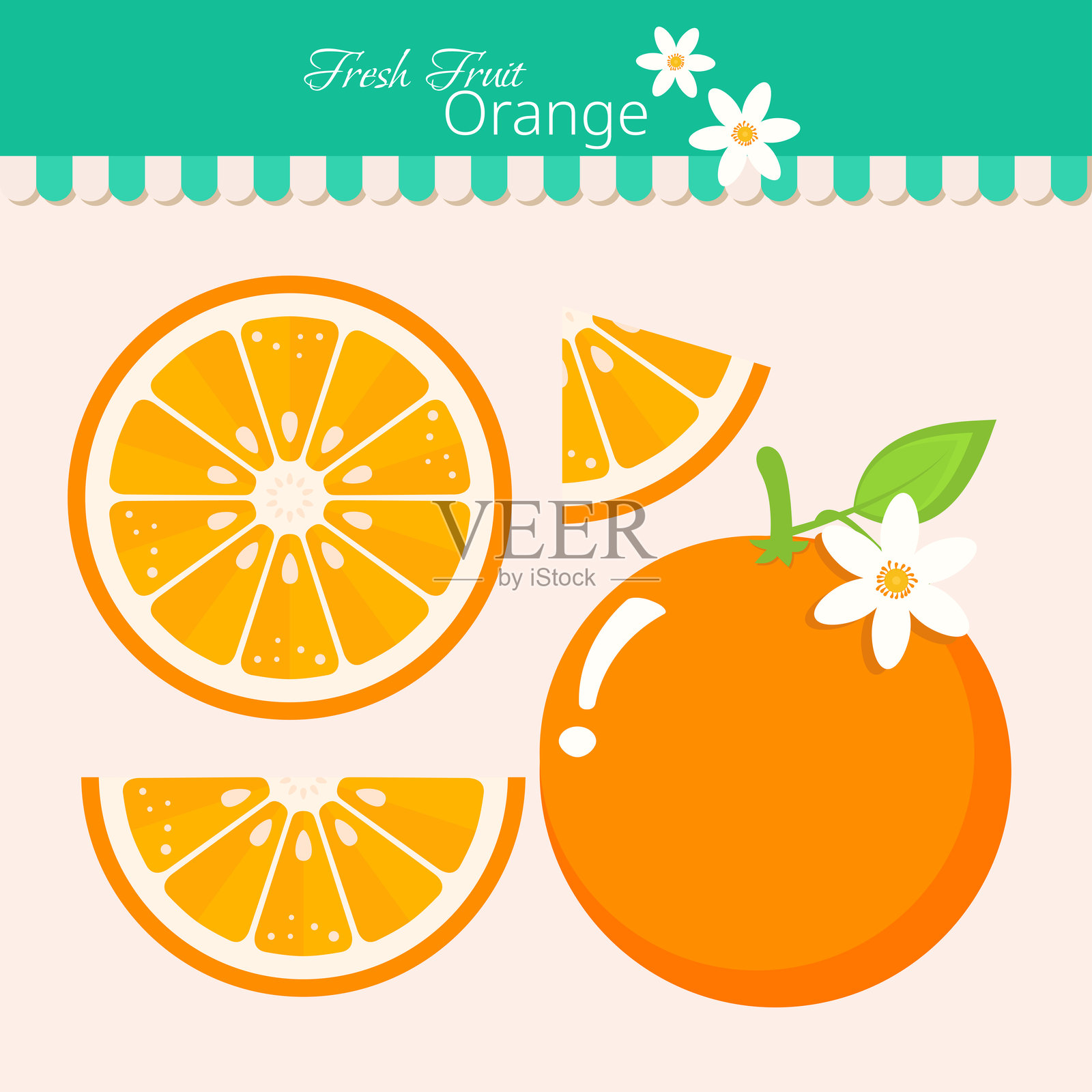 平面风格的橙子与绿色叶子。热带柑橘水果切片，独立于浅色背景。所有图层和分组。矢量图。插画图片素材