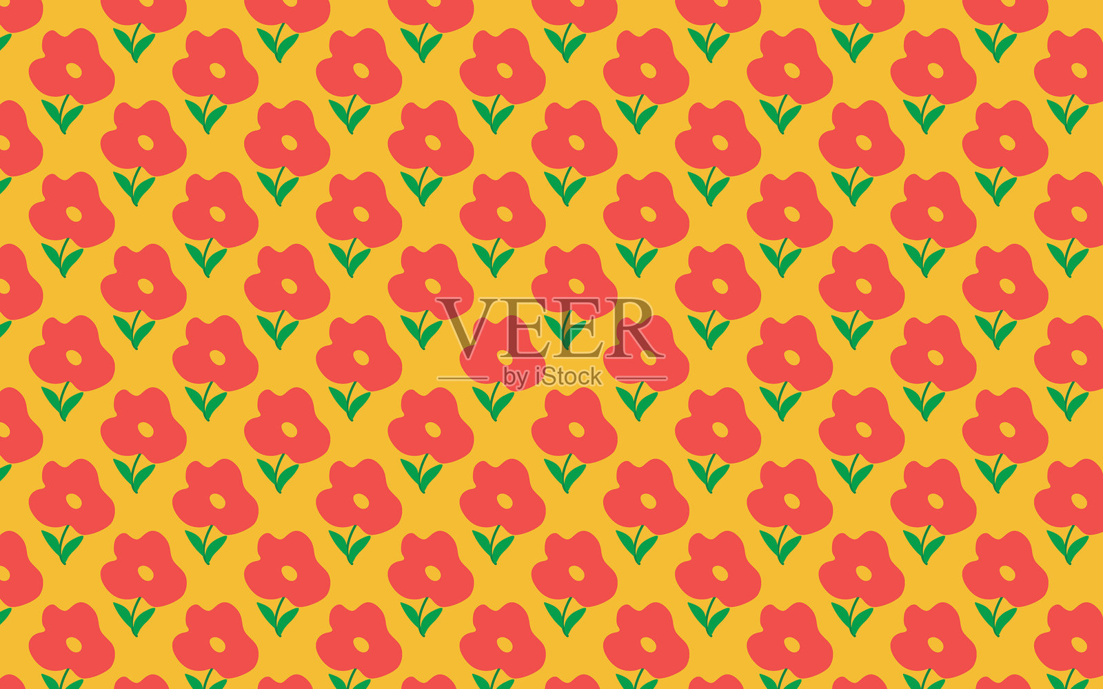 明亮而愉快的无缝手绘图案，带有红色花朵。非常适合夏季设计、纺织印刷和数字艺术。插画图片素材