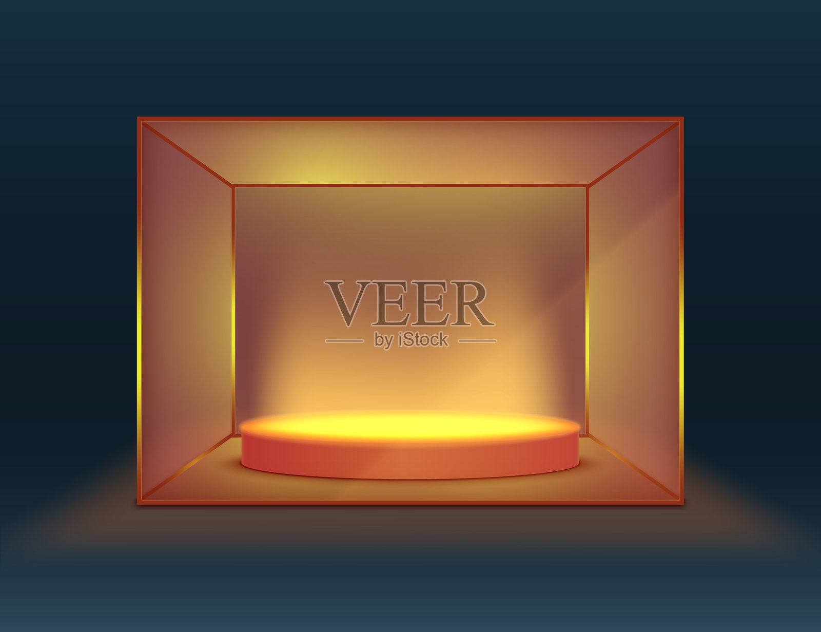 圆柱形讲台在一个玻璃照明立方体内。矢量3D插图。插画图片素材