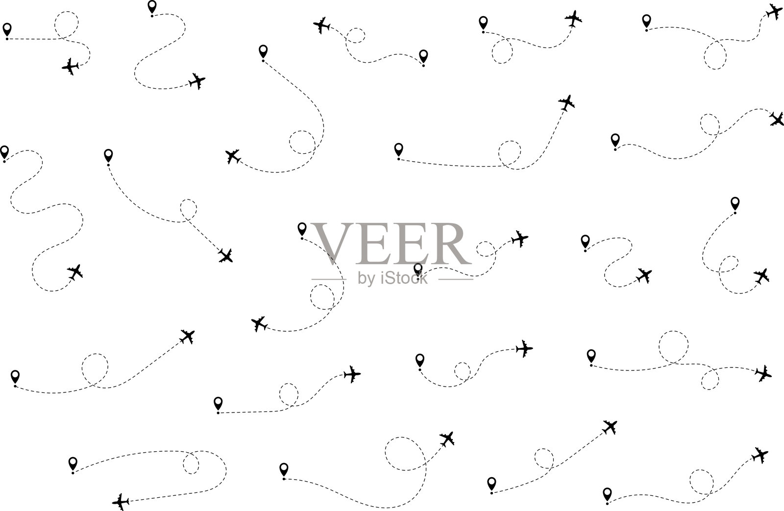 飞机航线设置。飞机路径。带有飞机、地图或位置标记的航空器跟踪。旅行矢量插图。插画图片素材