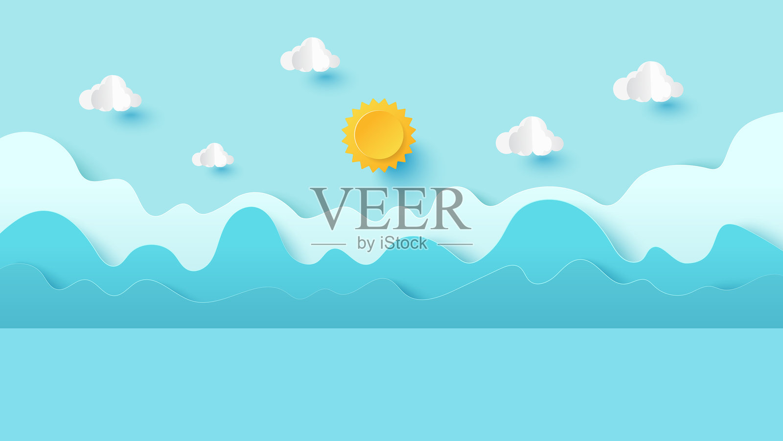 山景的矢量插图，背景是云朵天空。纸艺剪裁和手工风格插图插画图片素材