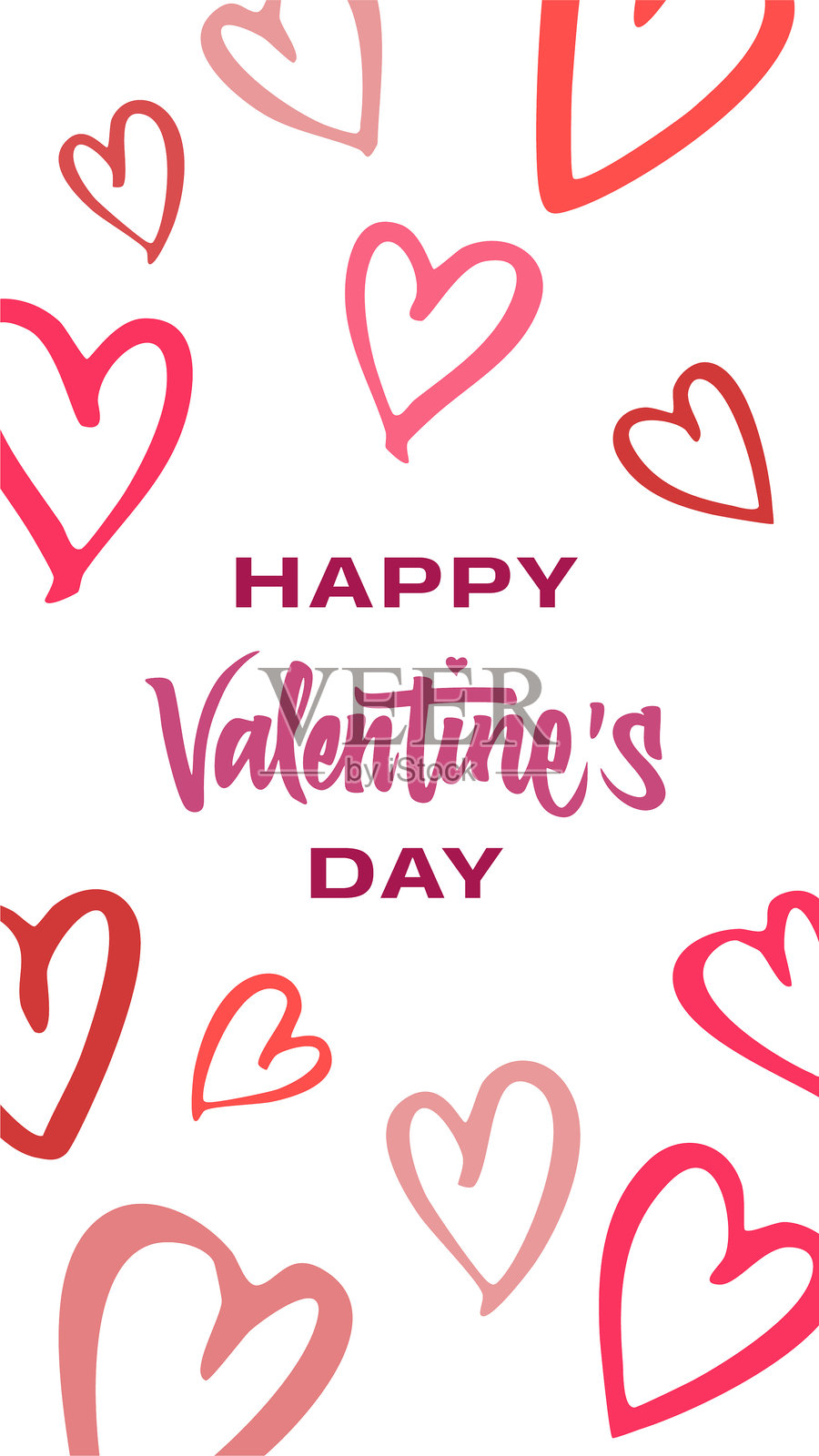 完美的模板，用于制作婚礼邀请函、贺卡或独特的社交媒体帖子。手写的情人节模板，带有心形图案，浪漫的卡片，红色和紫色的浪漫元素。插画图片素材