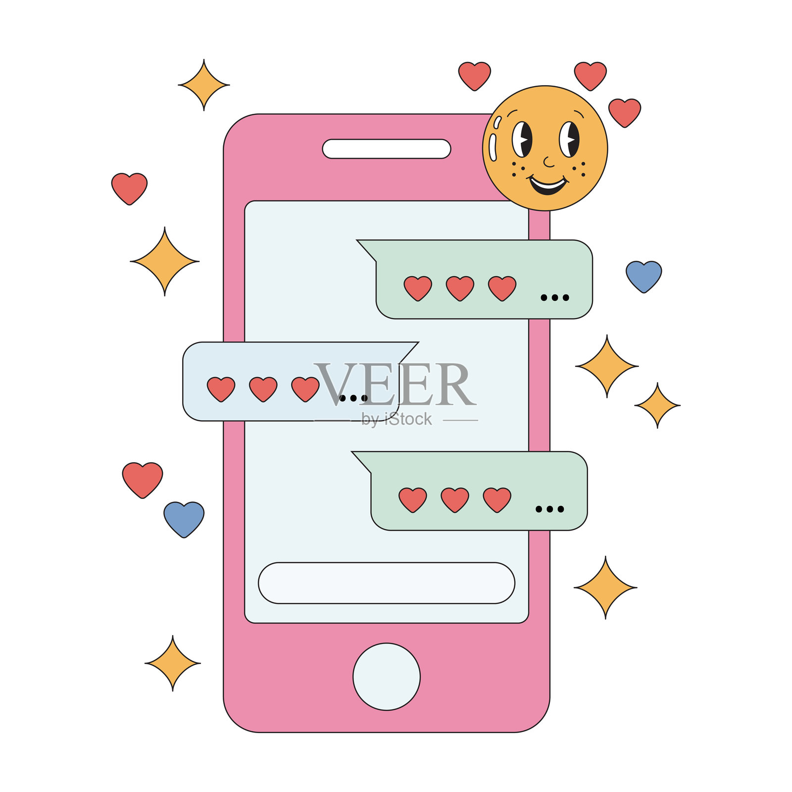 复古风格的粉色智能手机，带有心形图案和浪漫信息。沟通概念，情侣之间的情书和往来。适用于贺卡、海报和社交媒体帖子。情人节祝福。插画图片素材