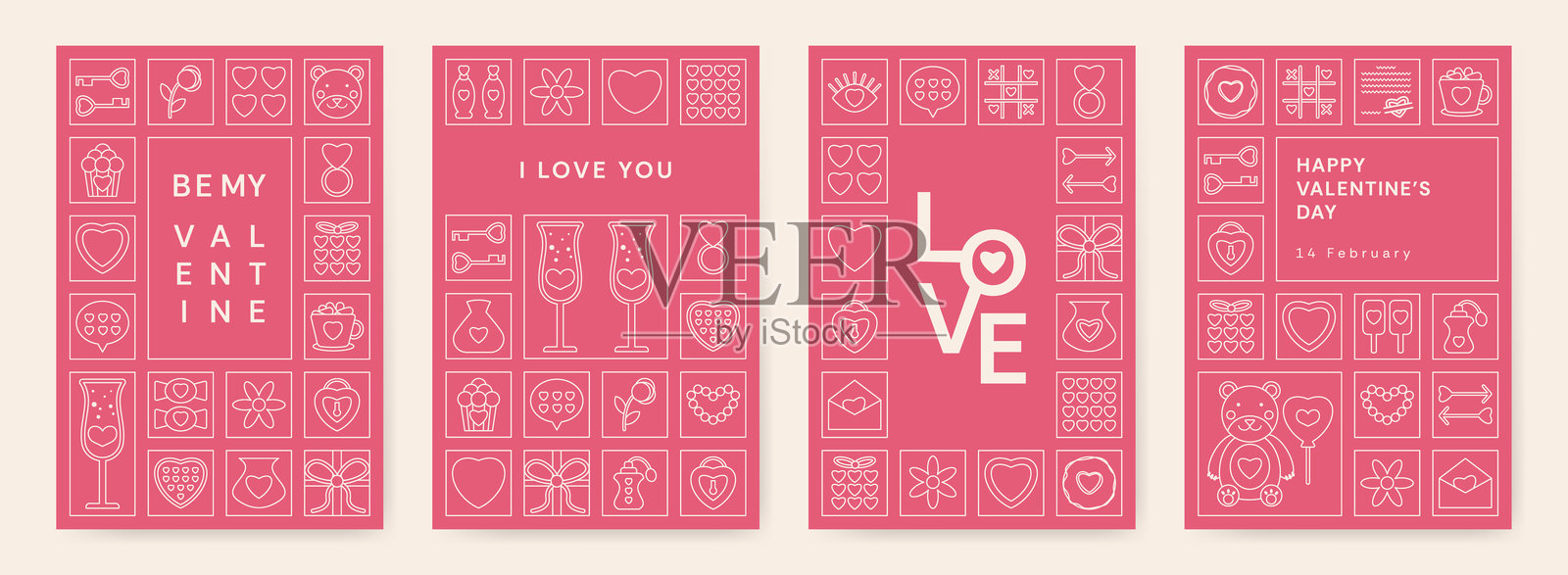 情人节线条几何海报模板套件。极简风格的贺卡，带有现代图案和白色线条风格图标。时尚的爱情经典背景，适用于销售封面横幅。插画图片素材