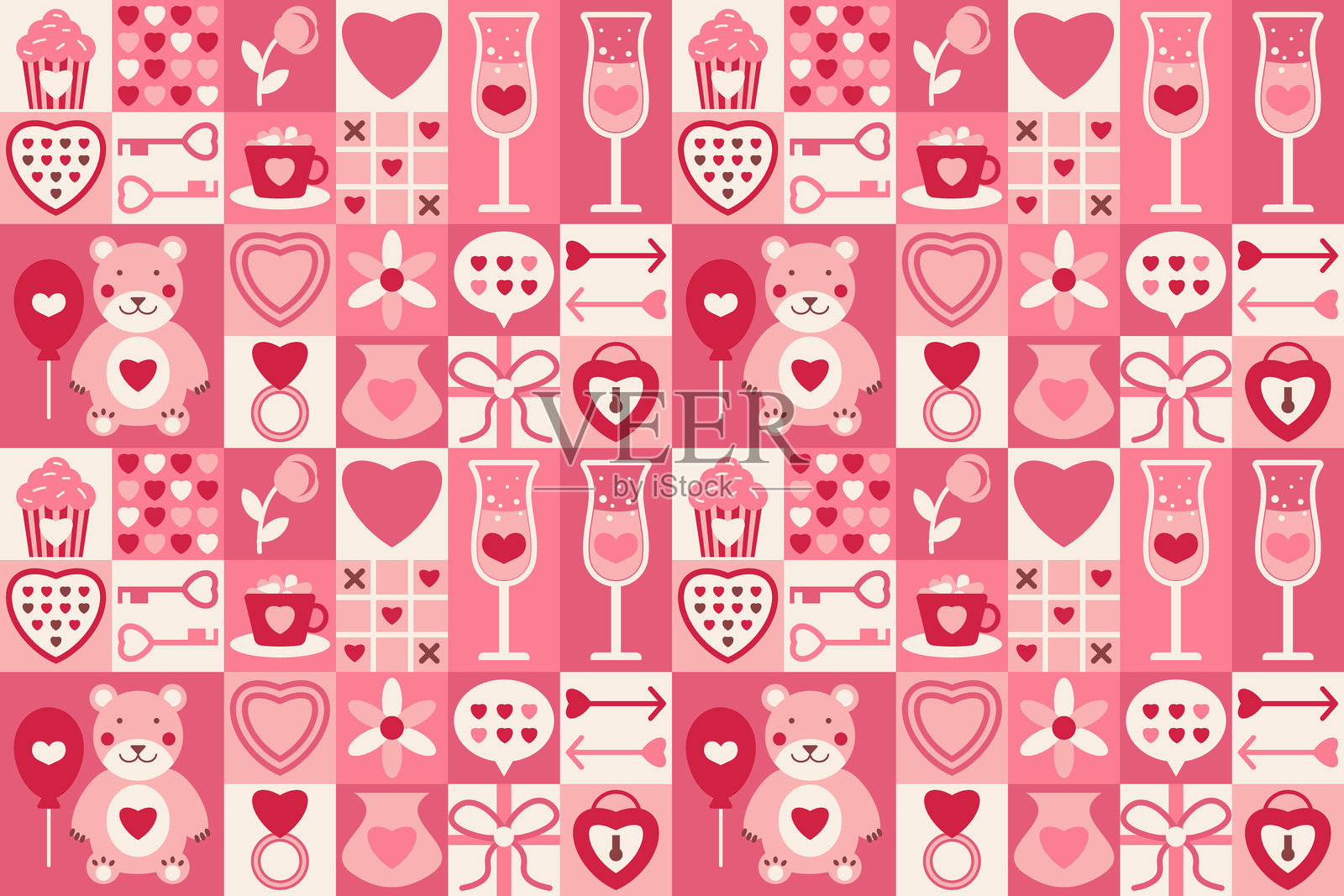 爱心几何无缝图案。时尚简约的几何封面设计，采用平面风格。情人节心形、熊、糖果的简单图标构成马赛克无尽背景，适合销售横幅印刷。插画图片素材