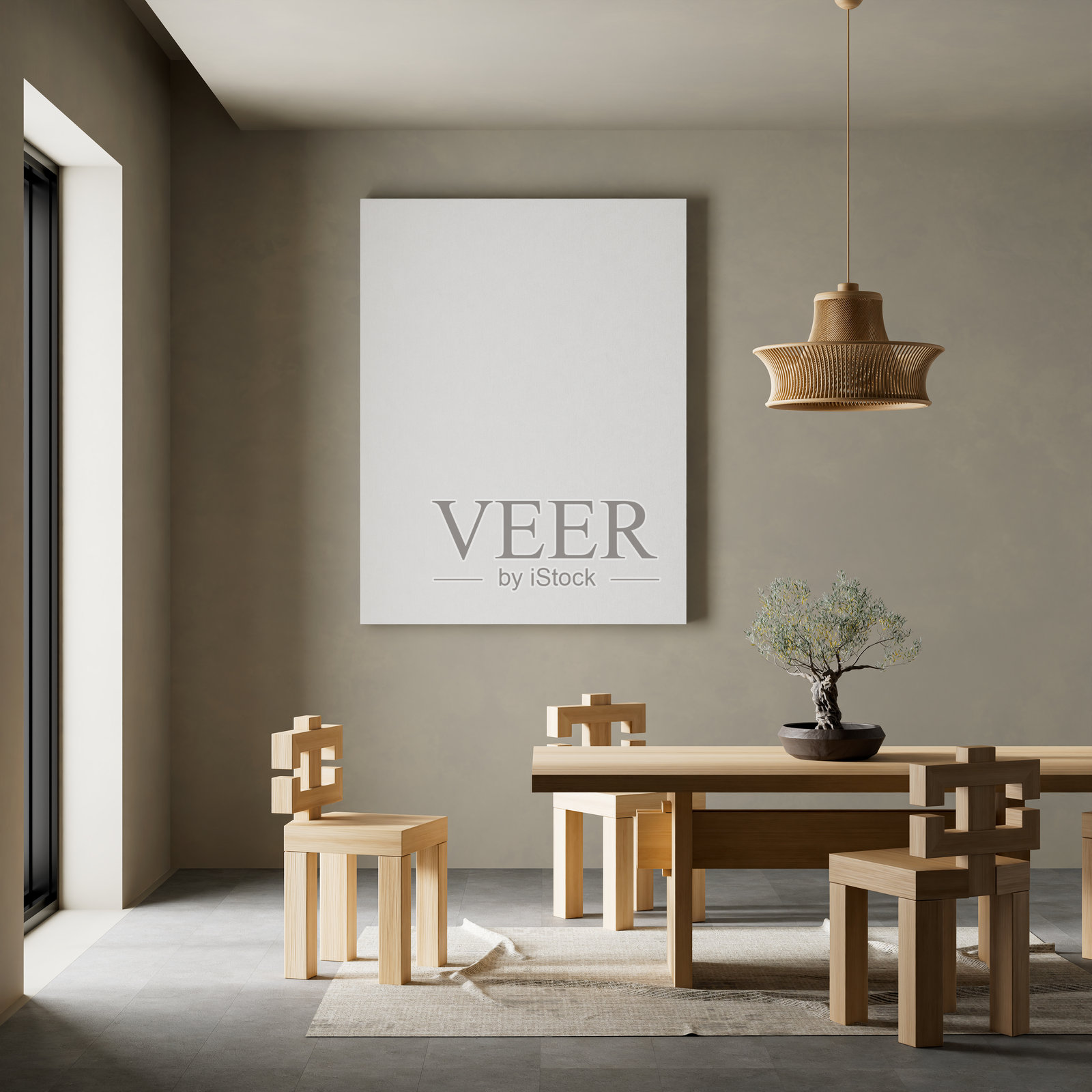 日式北欧风格的餐厅设计，配有木质家具和原材料。日式北欧风格室内的海报框模型。3D插图。照片摄影图片