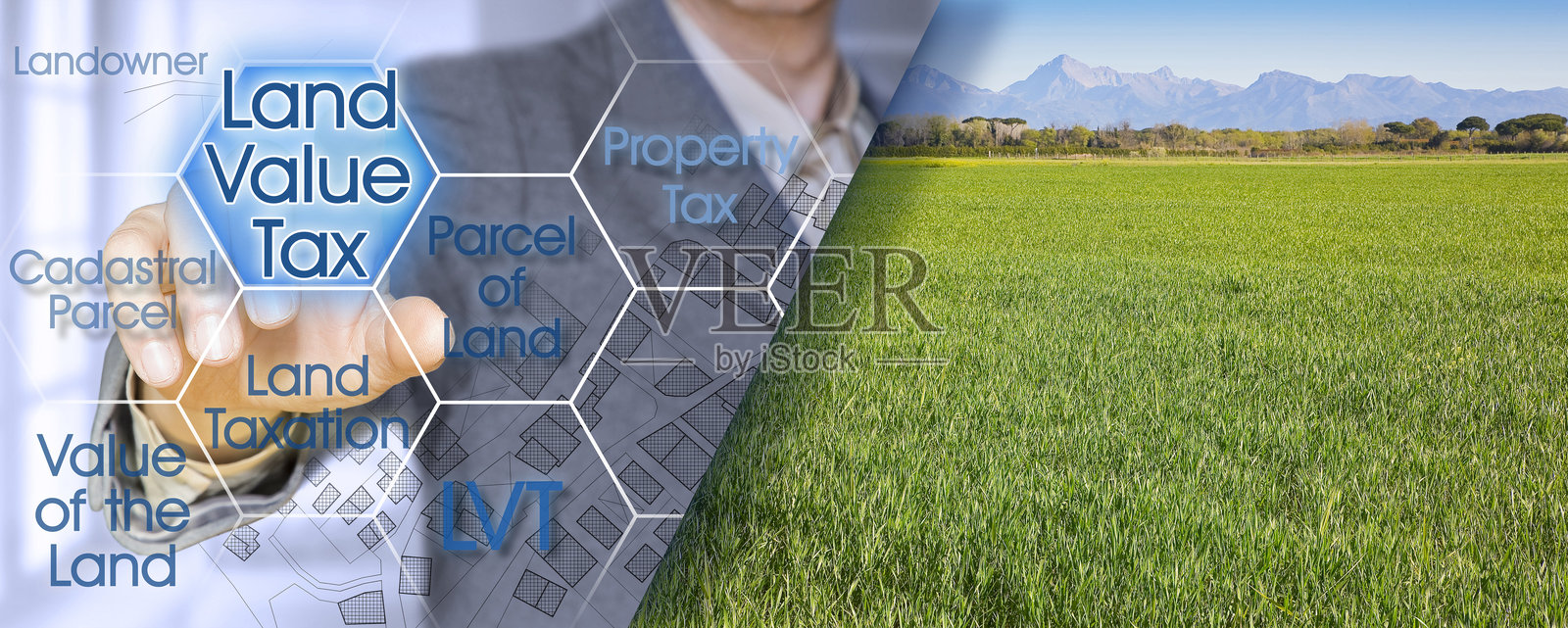 土地价值税 - 土地所有权税收概念，包含商业经理和农村土地地块照片摄影图片