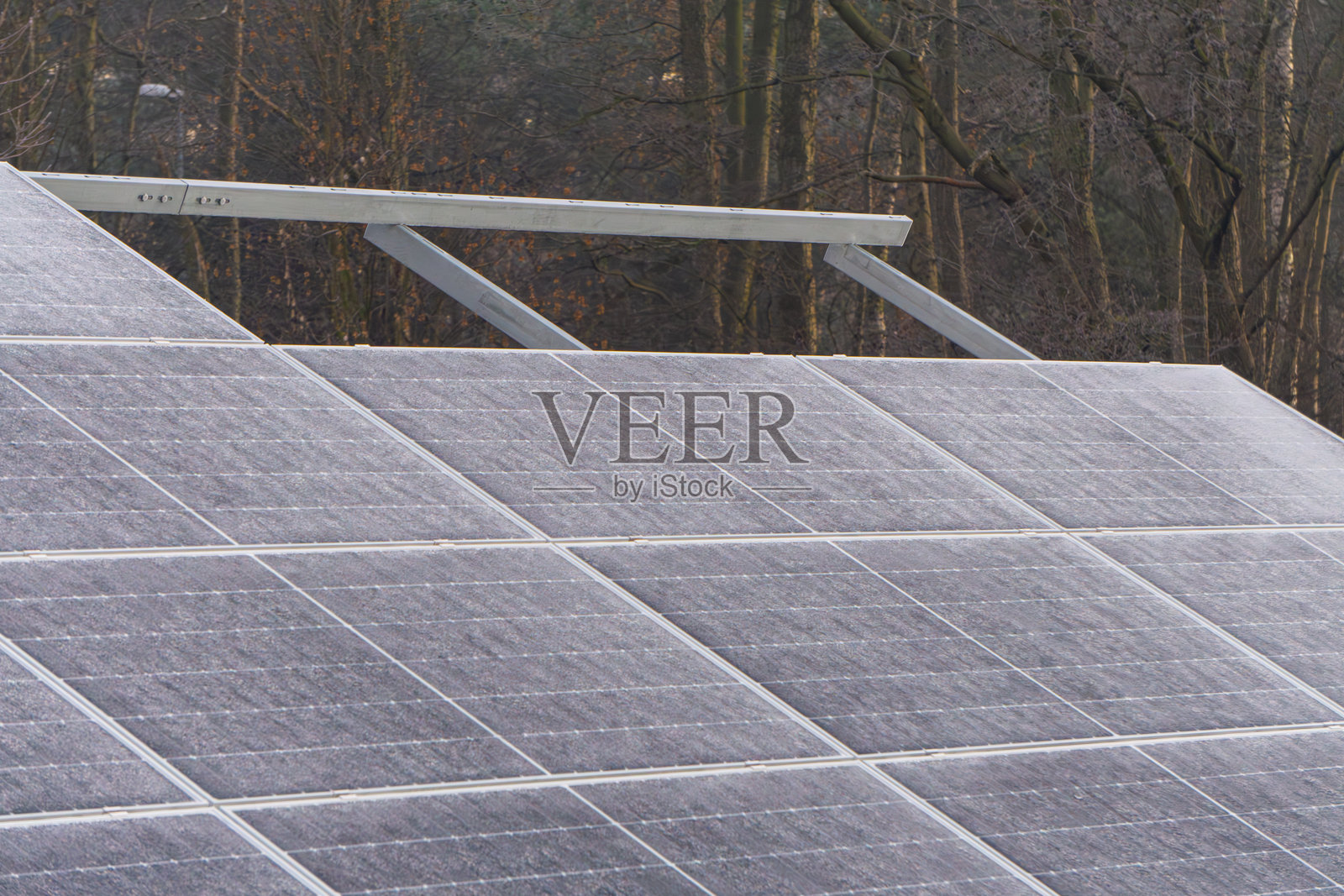 早晨森林中的冰冻太阳能收集器。太阳能板上的霜和冰。冬季电力生产设备的风景。生态可再生能源。照片摄影图片