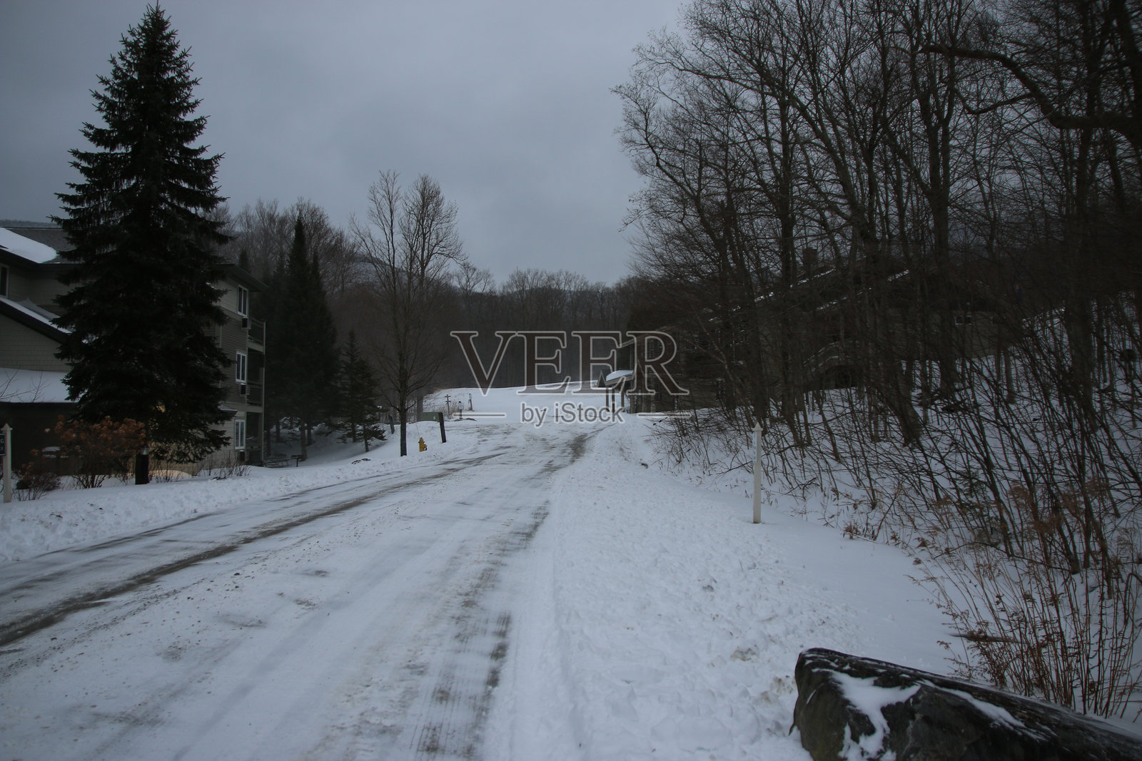 冬季风景中，覆盖着雪的道路蜿蜒穿过住宅区照片摄影图片