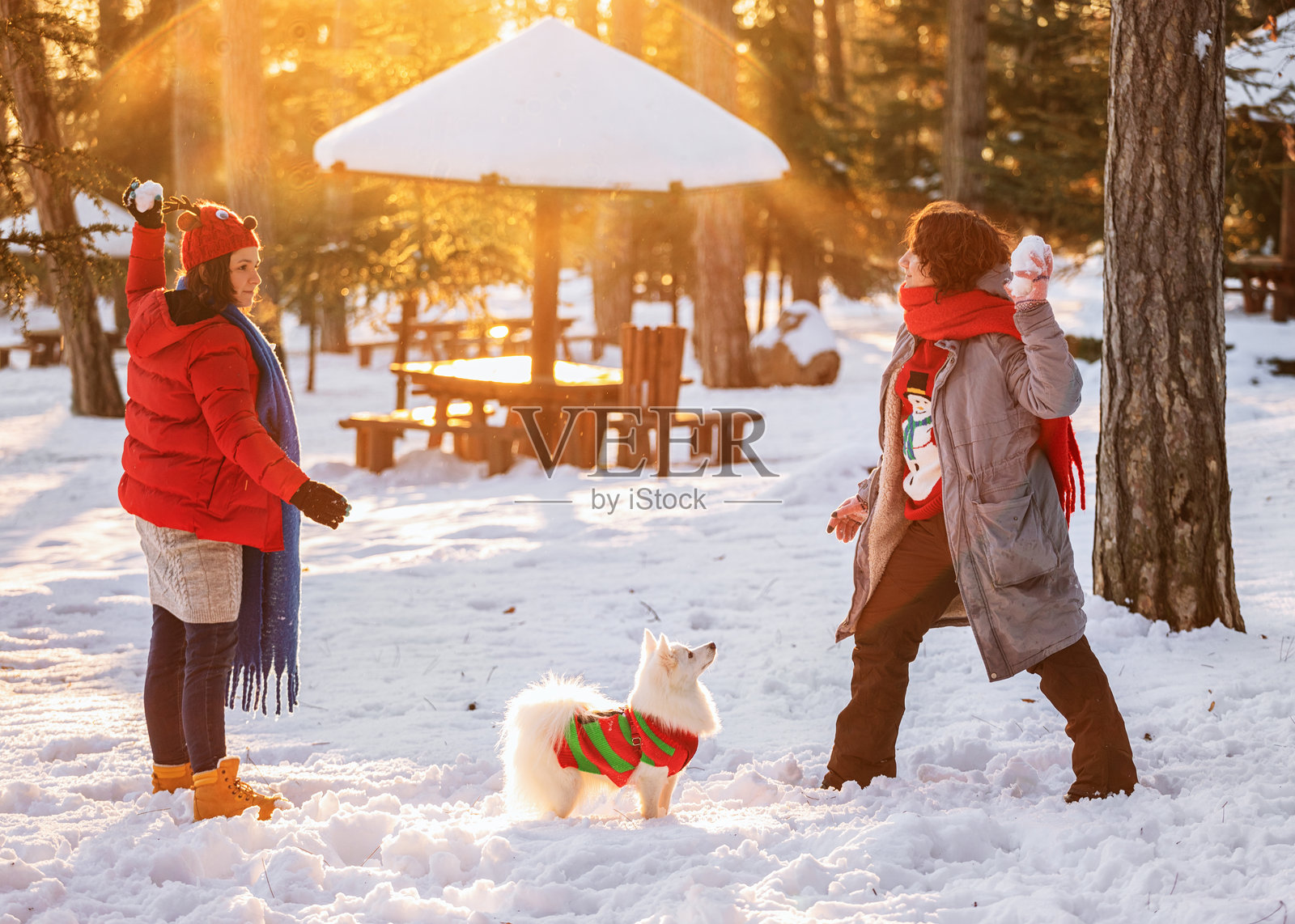 家庭在日落时分的雪地里玩耍照片摄影图片