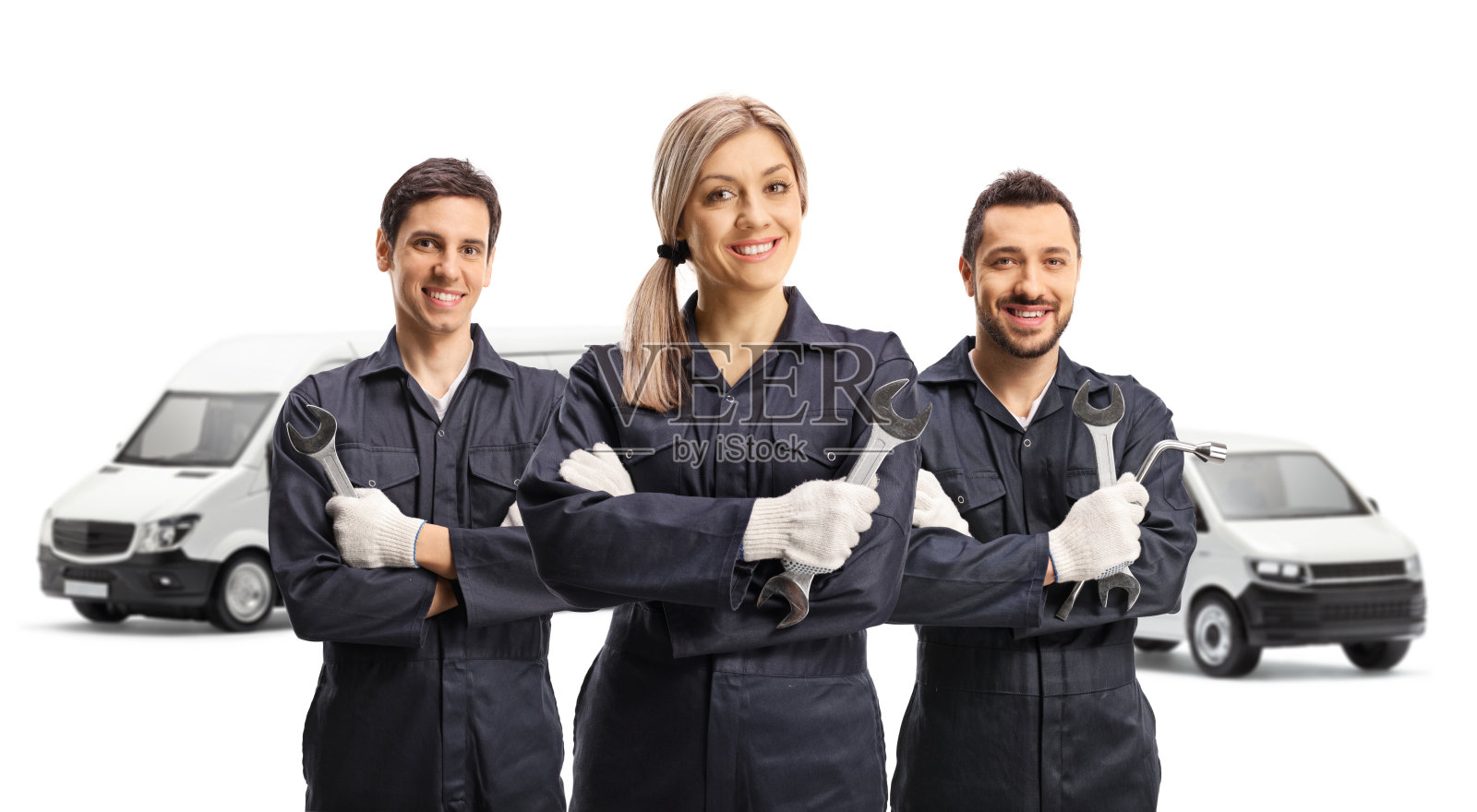 汽车维修团队在面包车前手持工具照片摄影图片