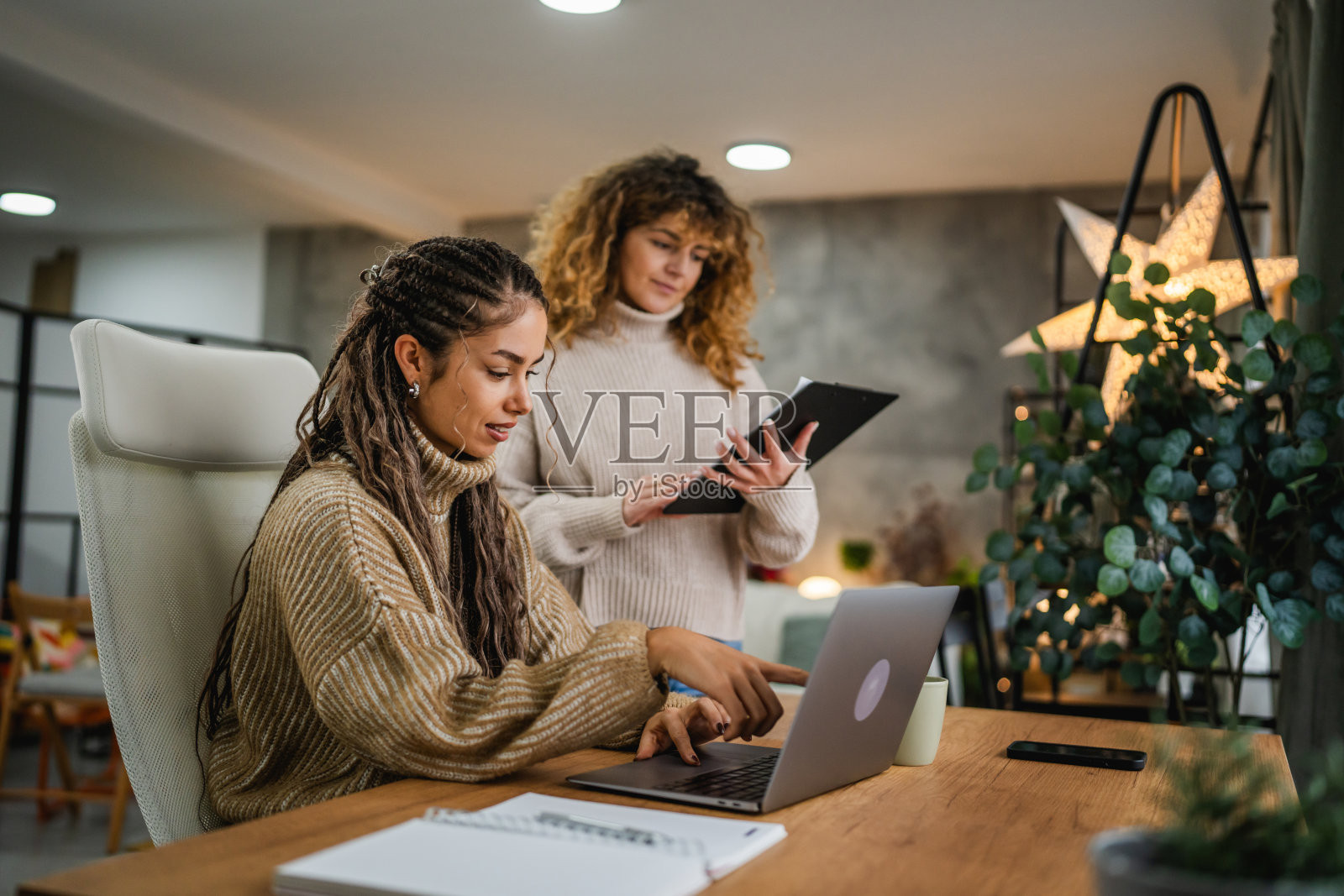 两位女性同事在家办公共同合作新项目照片摄影图片